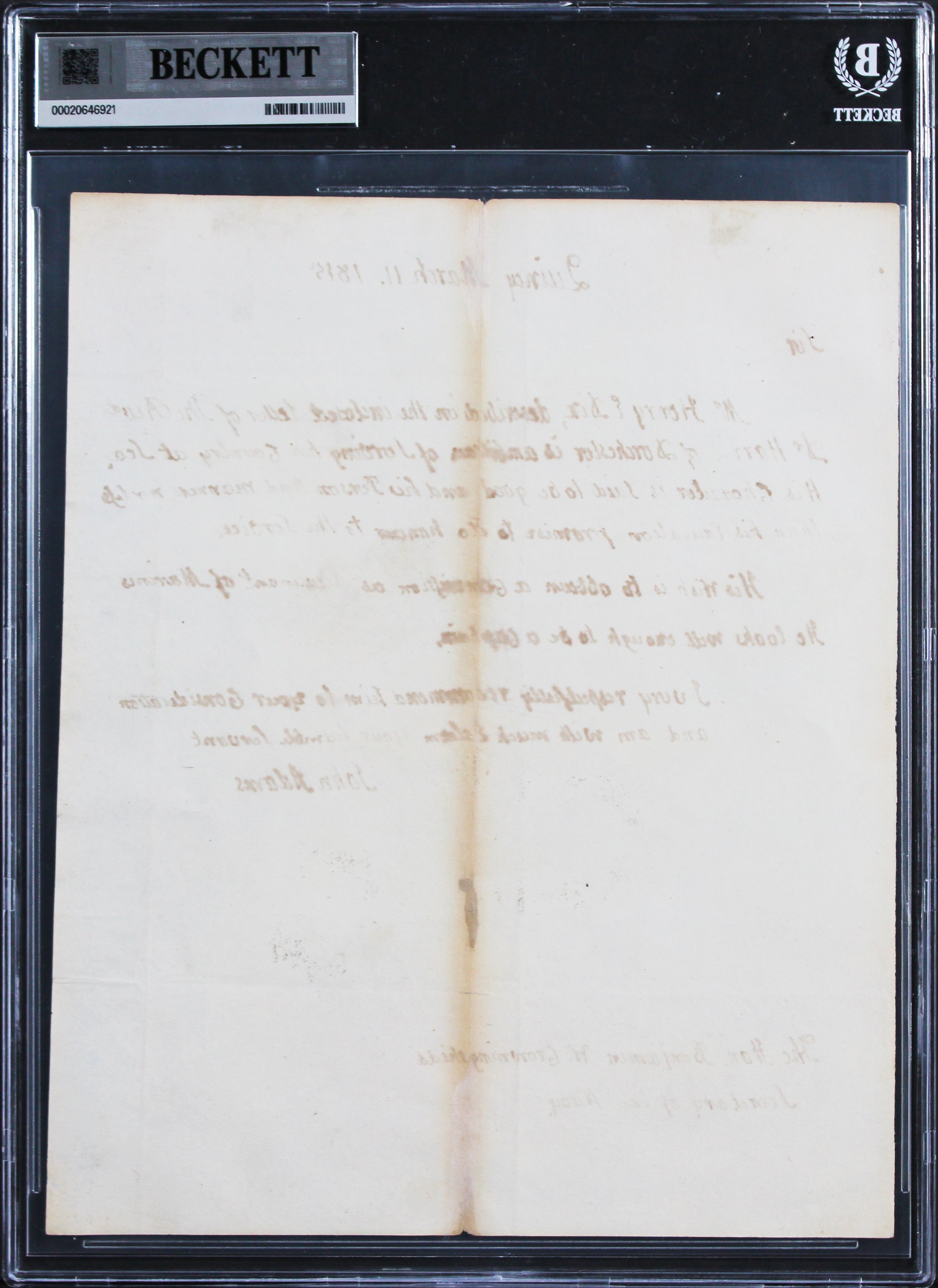 John Adams Signed 8x9.75 1815 Handwritten Recommendation Letter BAS Slabbed