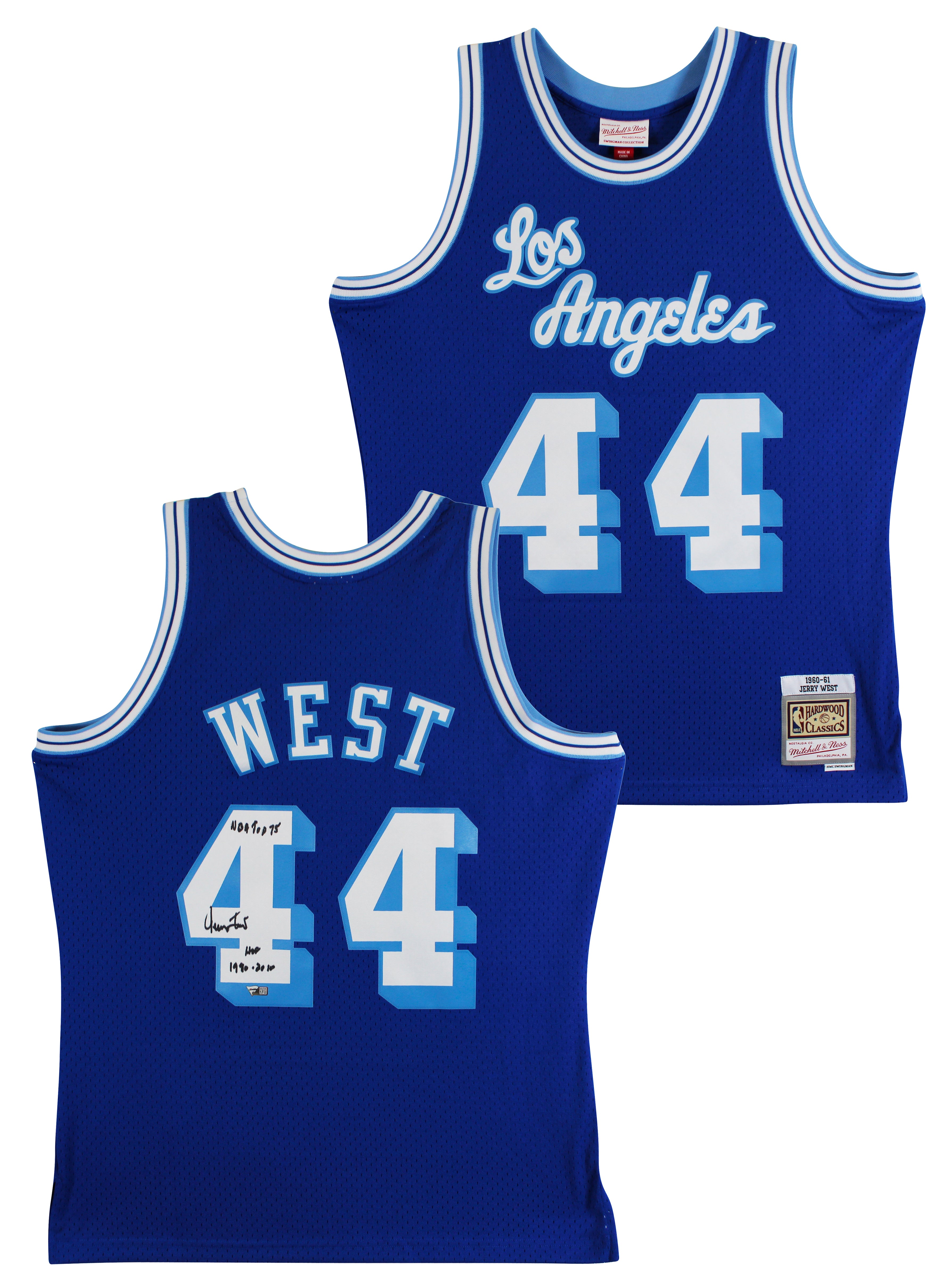 Lakers Jerry West "2x Insc" Signed Blue M&N Swingman Jersey Fanatics #B749684