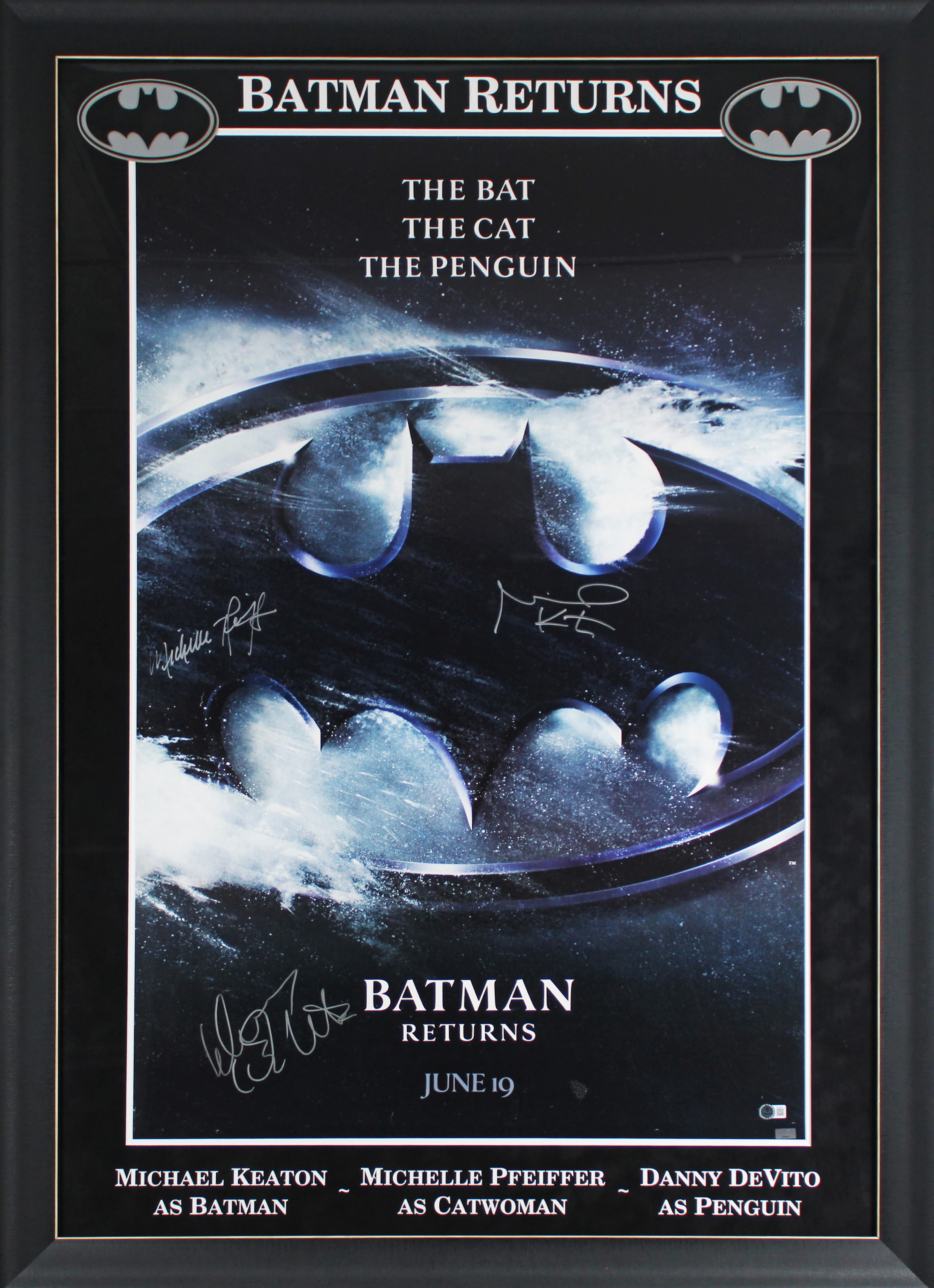 Batman Returns (3) Keaton, Pfeiffer & DeVito Signed & Framed 27x40 Poster BAS