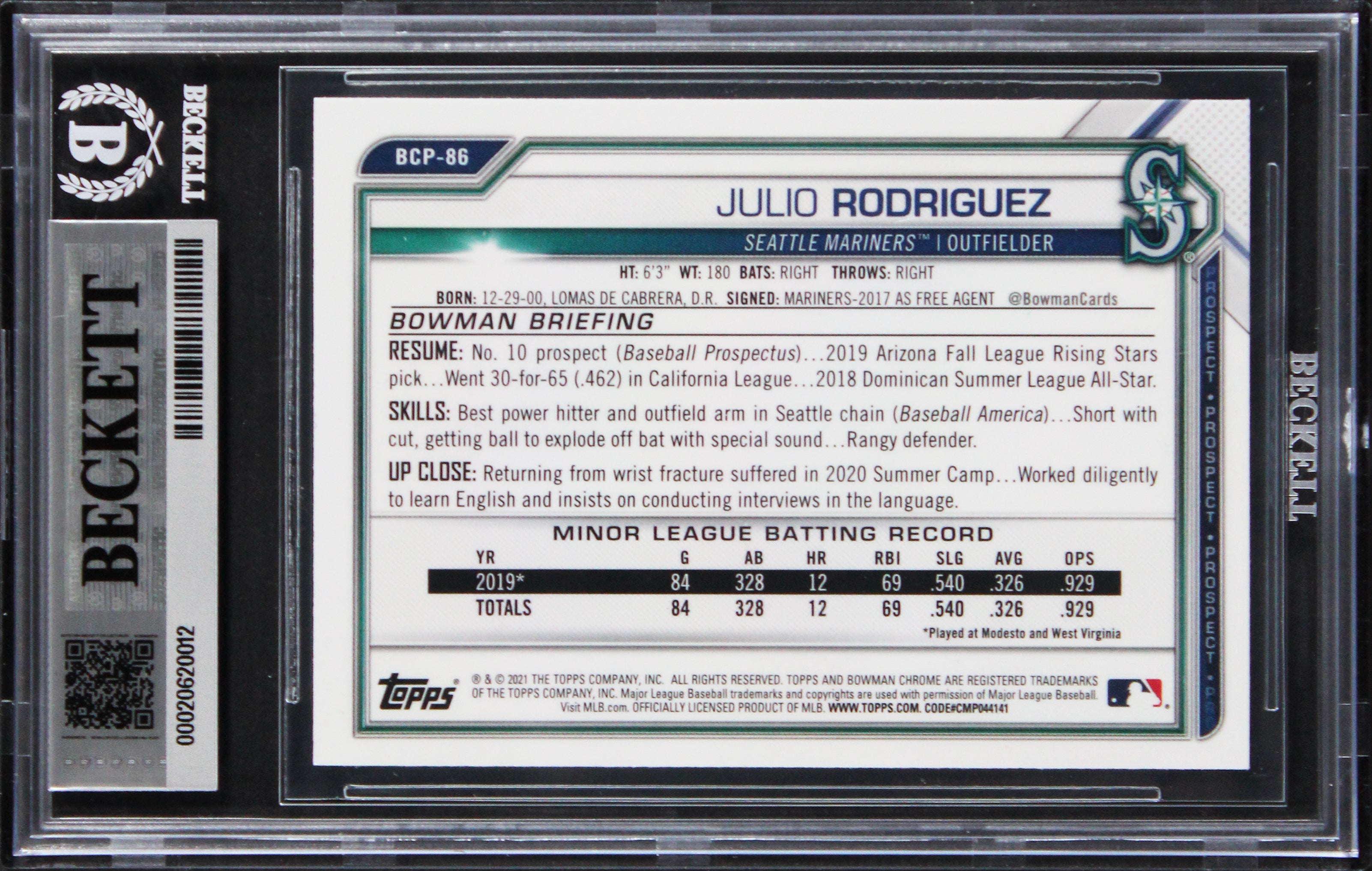 Mariners Julio Rodriguez Signed 2021 Bowman #BCP86 Rookie Card Auto 10! BAS Slab