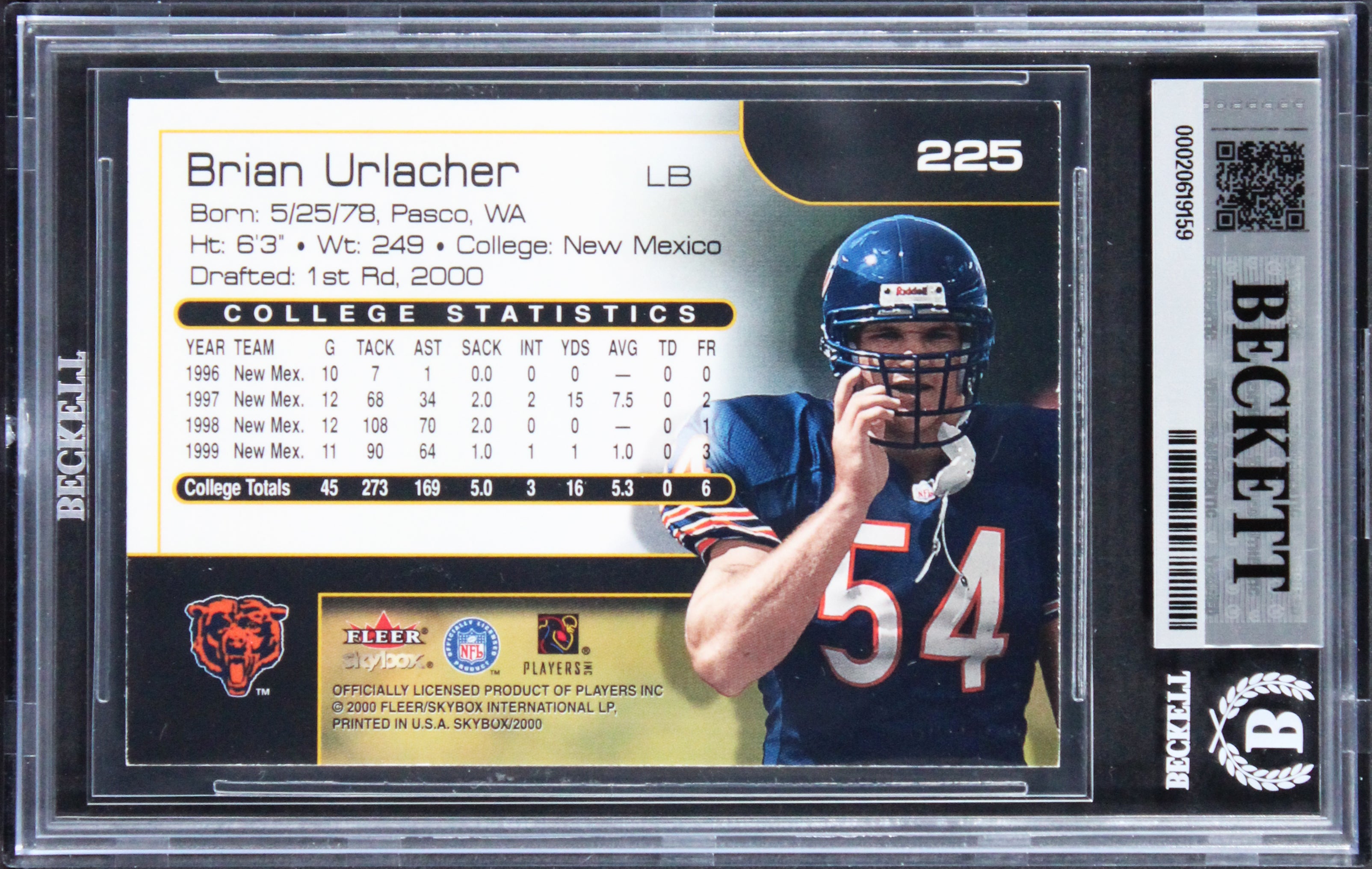 Bears Brian Urlacher "HOF 18" Signed 2000 Skybox #225 RC Card Auto 10! BAS Slab
