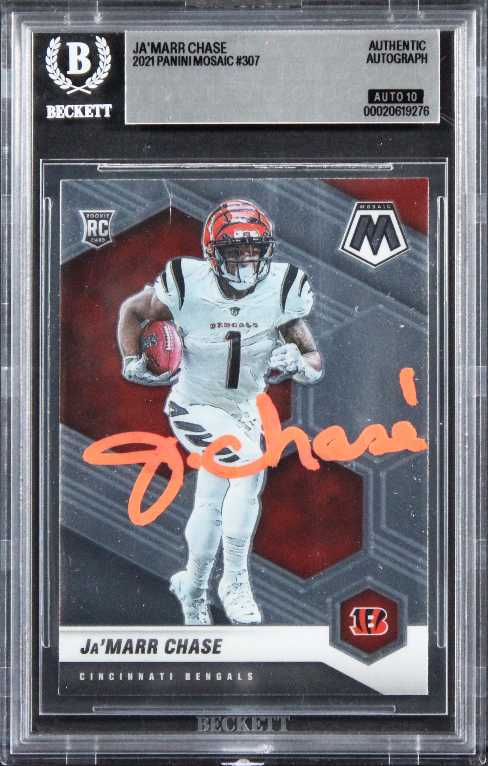 Bengals Ja'Marr Chase Signed 2021 Panini Mosaic #307 RC Card Auto 10! BAS Slab