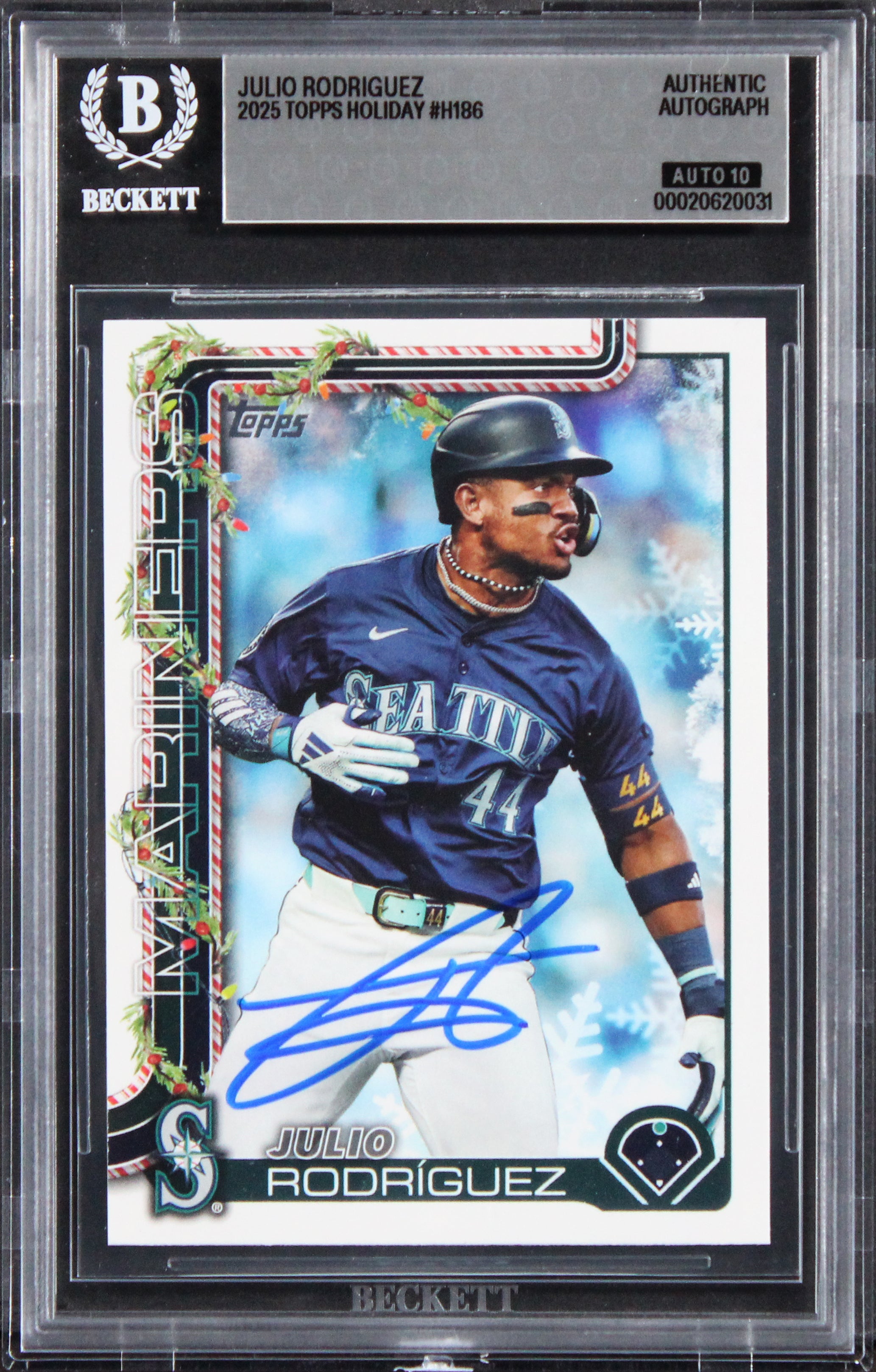 Mariners Julio Rodriguez Signed 2025 Topps Holiday #H186 Card Auto 10! BAS Slab
