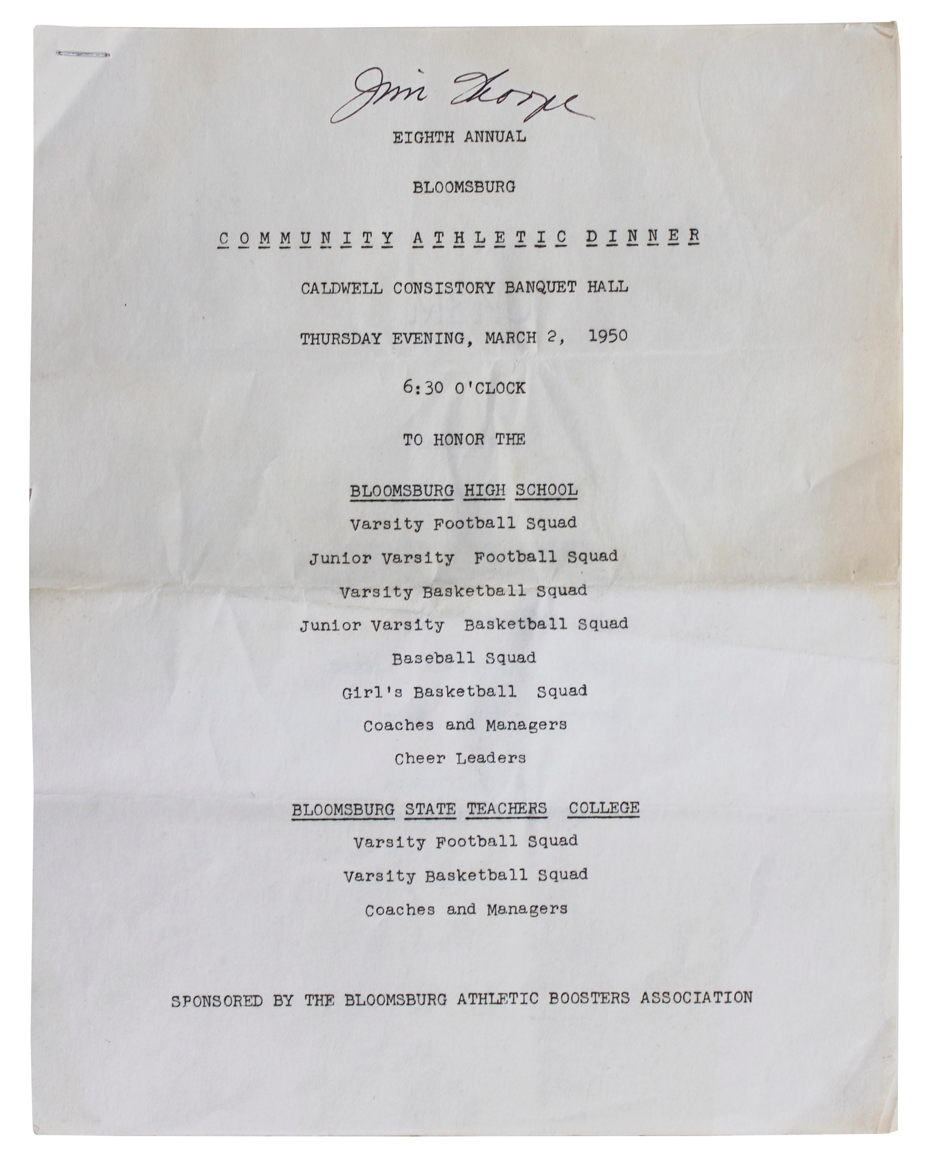 Jim Thorpe Signed 8.5x11 1950 Community Athletic Dinner Program JSA & PSA LOAs