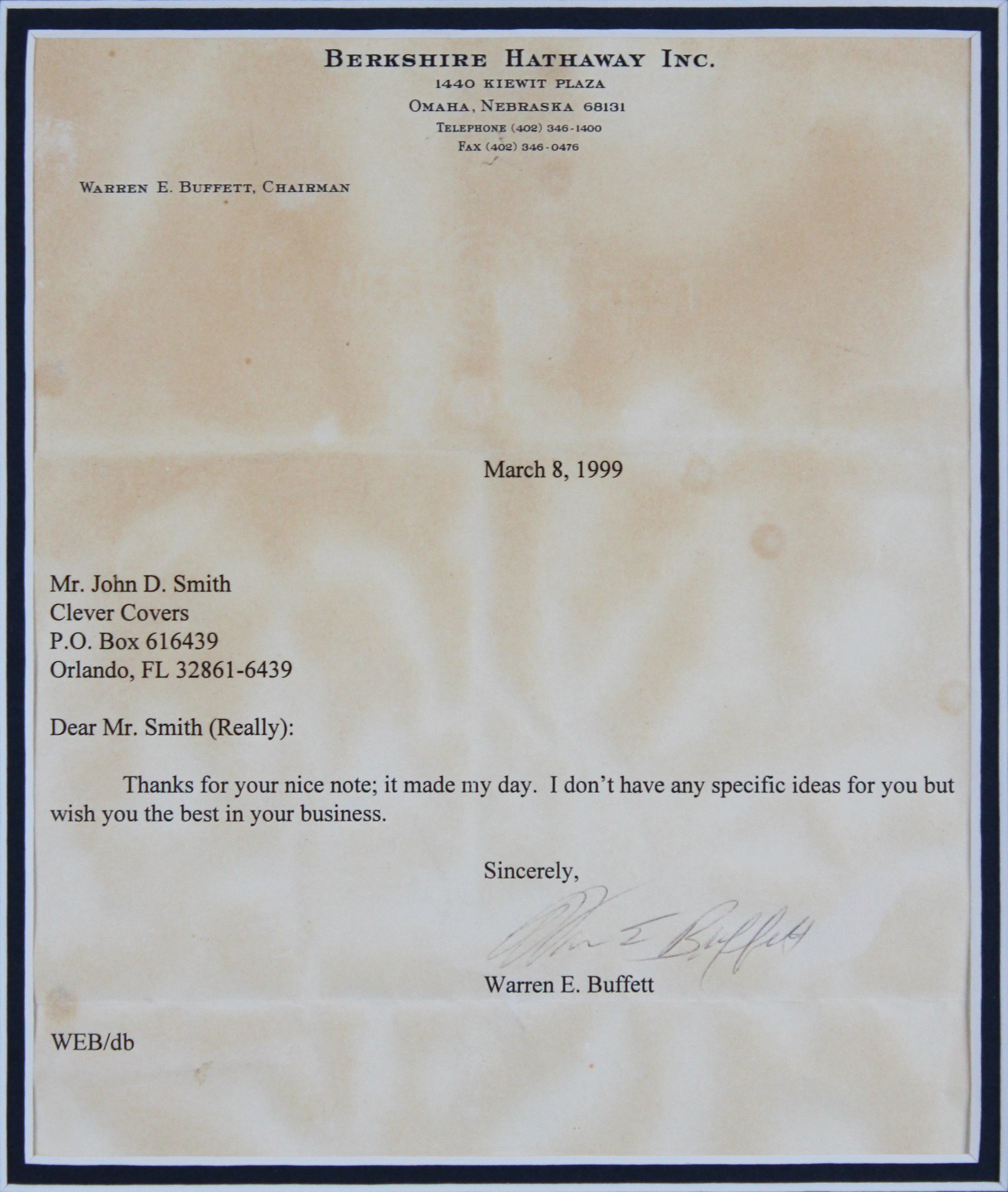 Warren Buffett Signed 8.5x11 Framed Letter On Berkshire Hathaway Letterhead BAS
