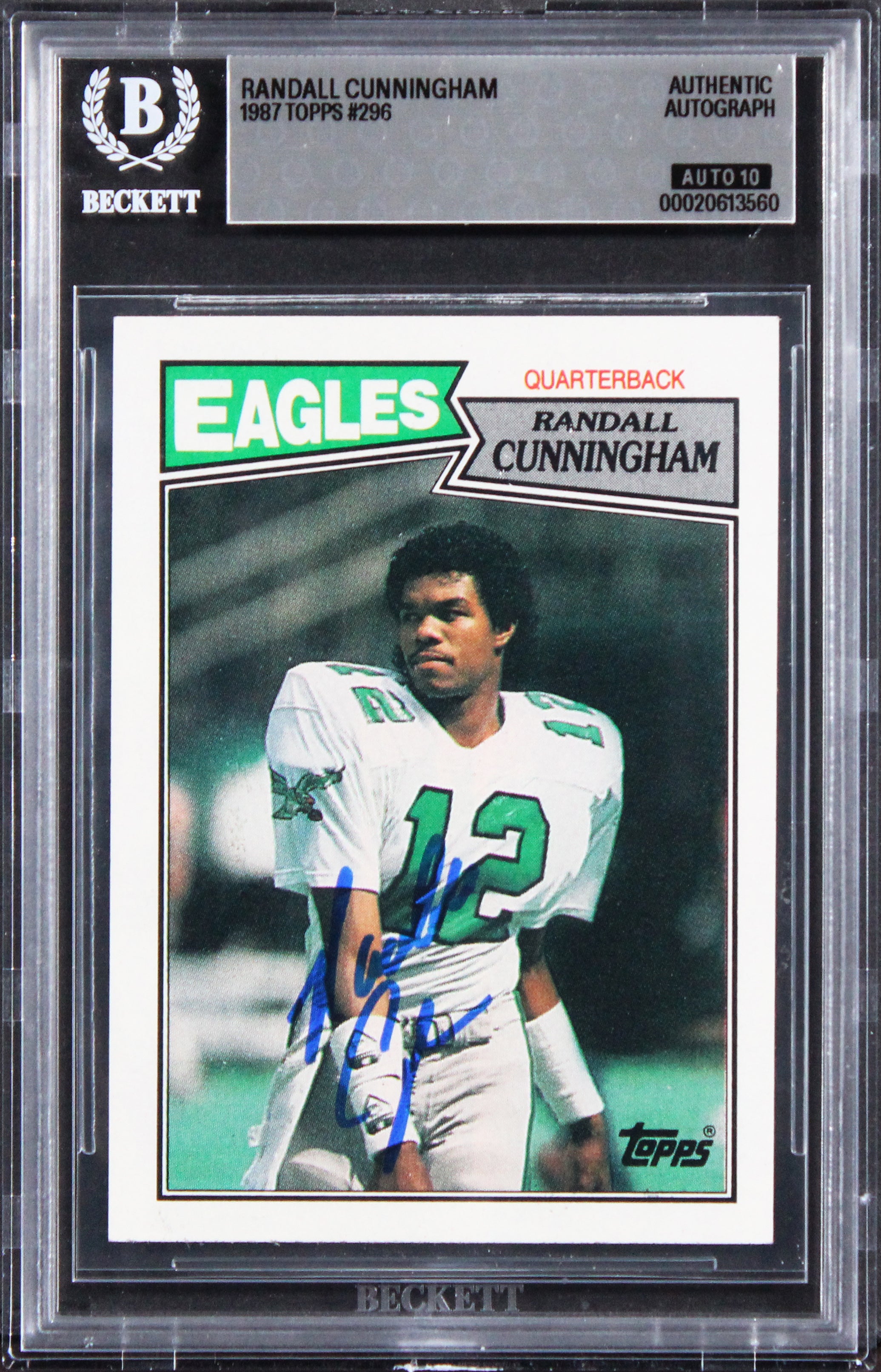 Eagles Randall Cunningham Signed 1987 Topps #296 Card Auto Grade 10! BAS Slabbed