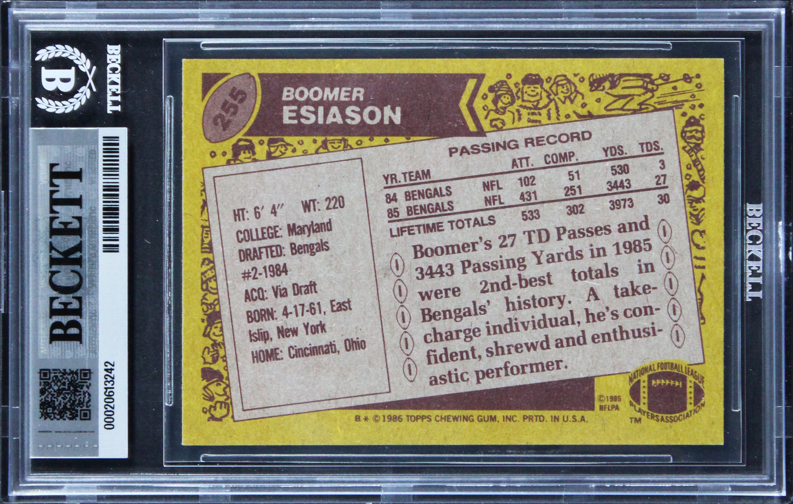 Bengals Boomer Esiason Signed 1986 Topps #255 Card Auto Grade GM 10! BAS Slabbed