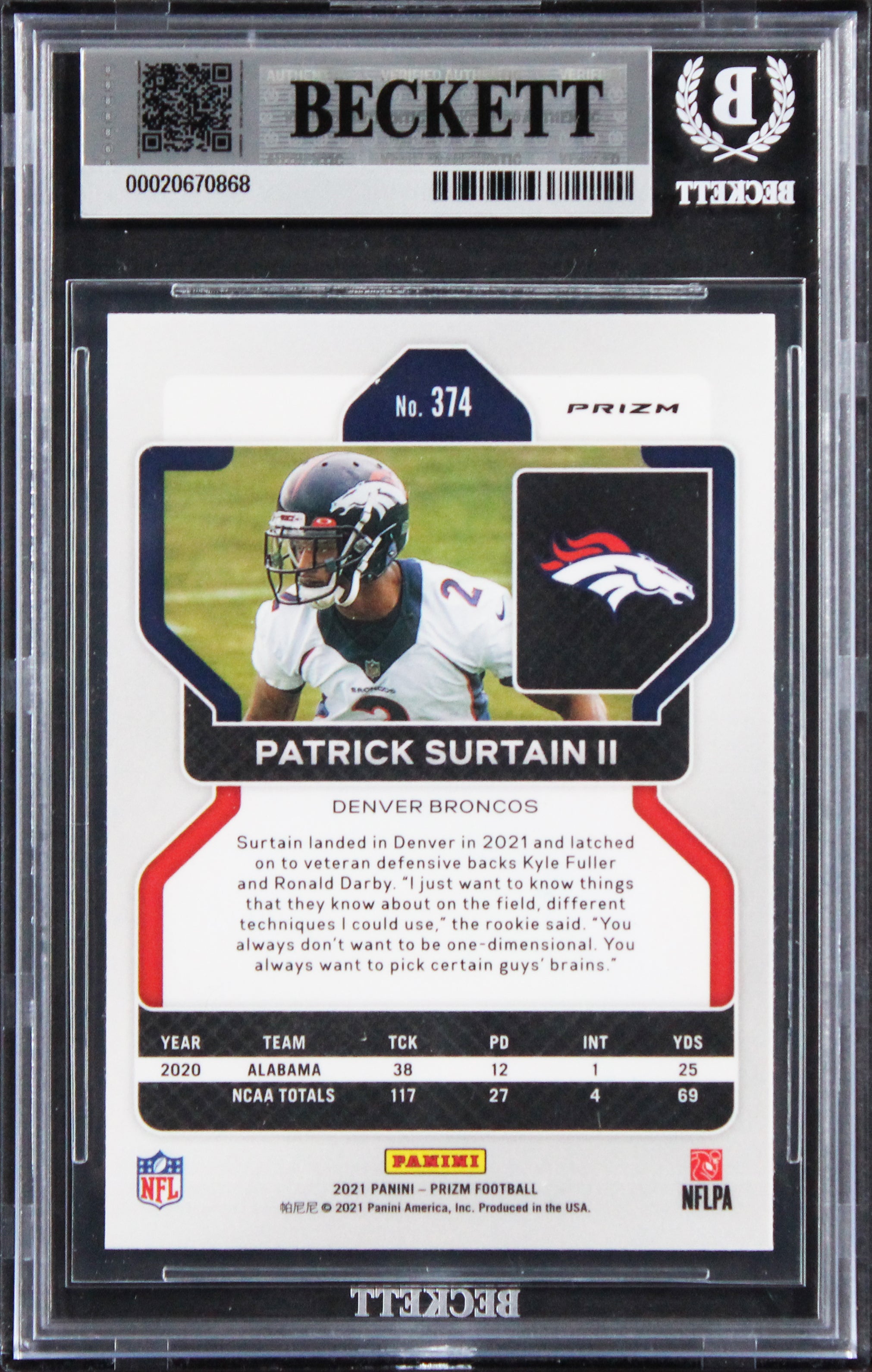 Broncos Patrick Surtain Signed 2021 Panini Lazer #374 RC Card Auto 10! BAS Slab