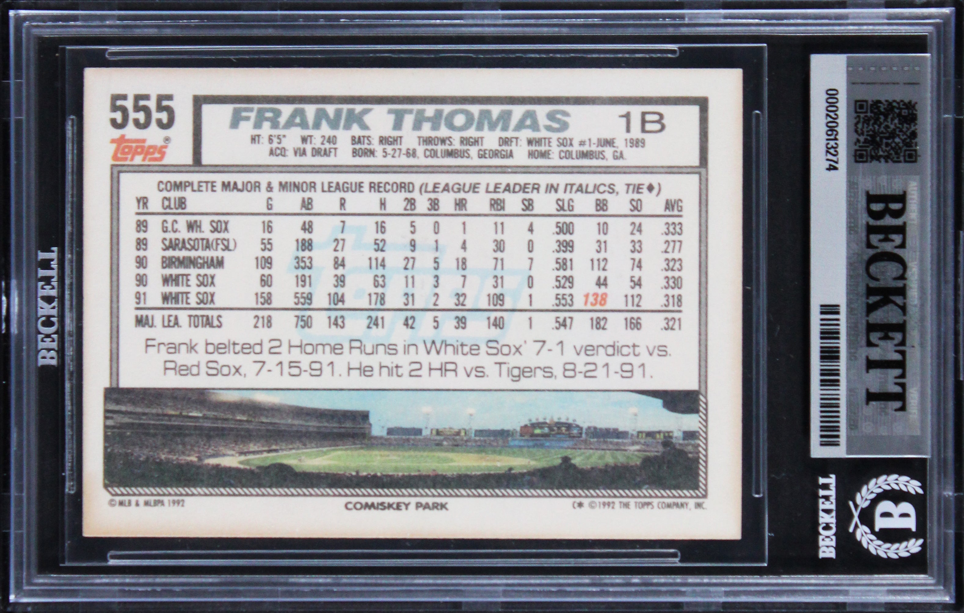 White Sox Frank Thomas Signed 1992 Topps #555 Card Auto Grade 10! BAS Slabbed