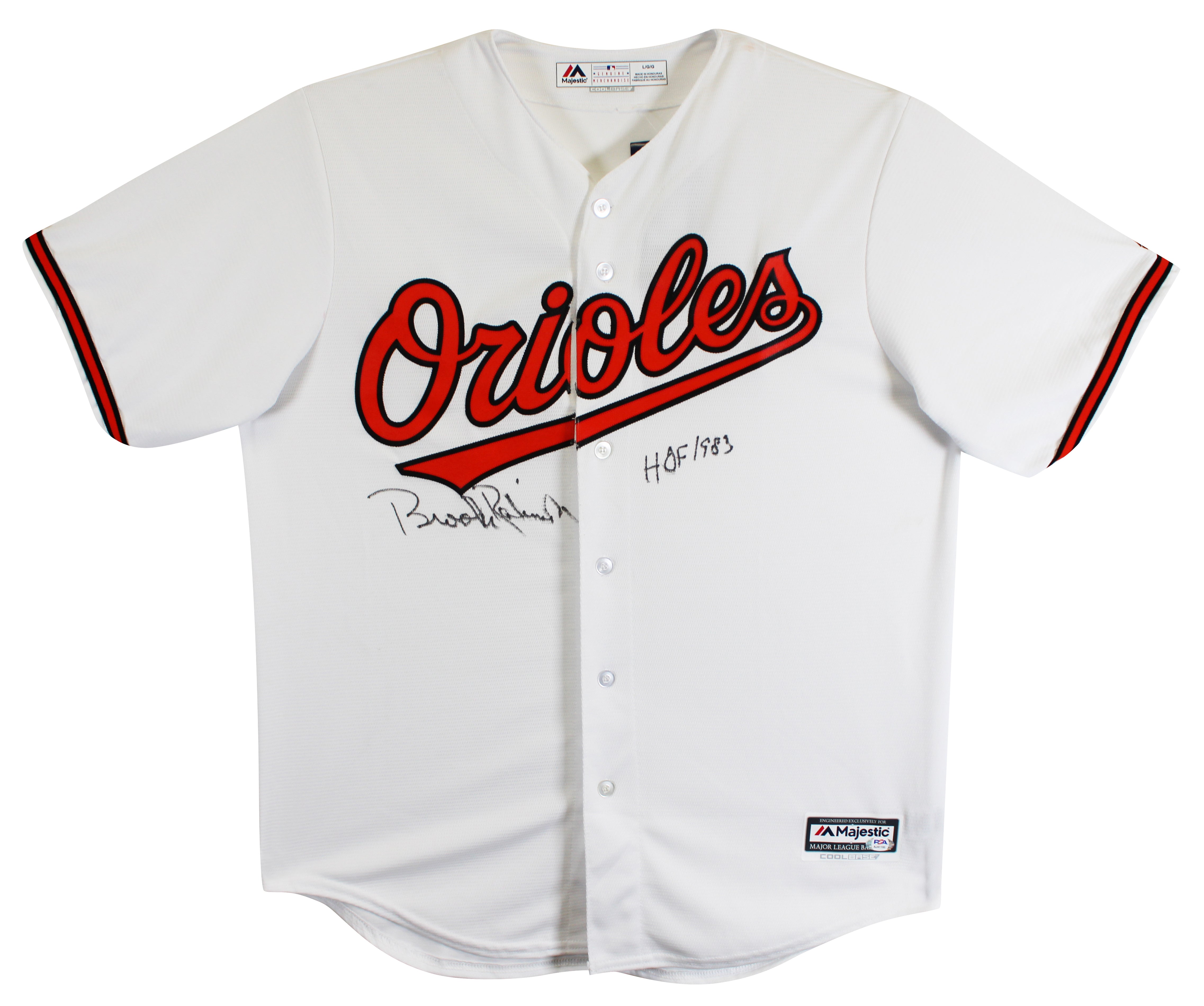 Orioles Brooks Robinson "HOF 1983" Signed White Majestic Jersey PSA/DNA #AJ41195