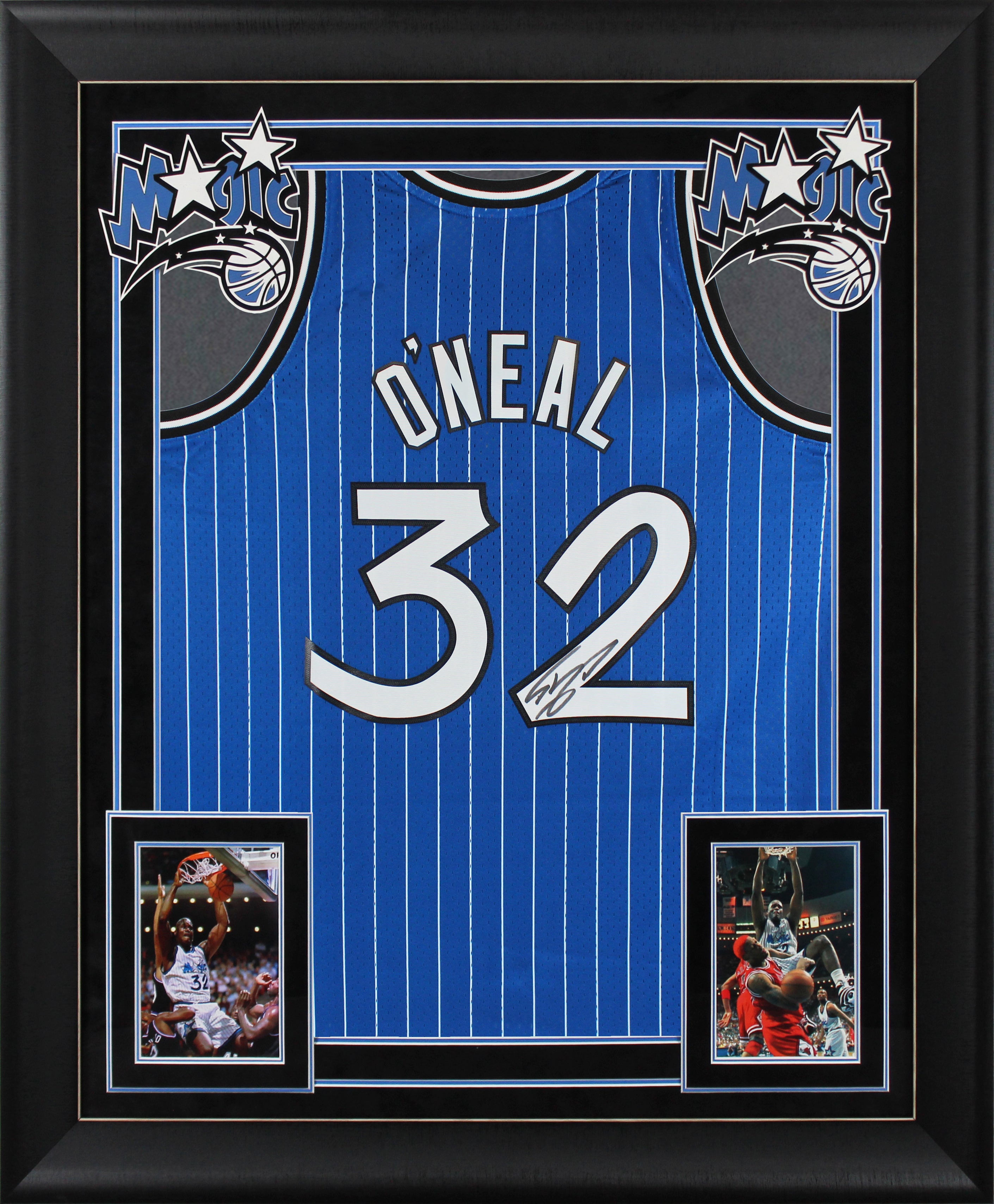 Magic Shaquille O'Neal Signed Blue M&N 1994-95 HWC Swingman Framed Jersey BAS W