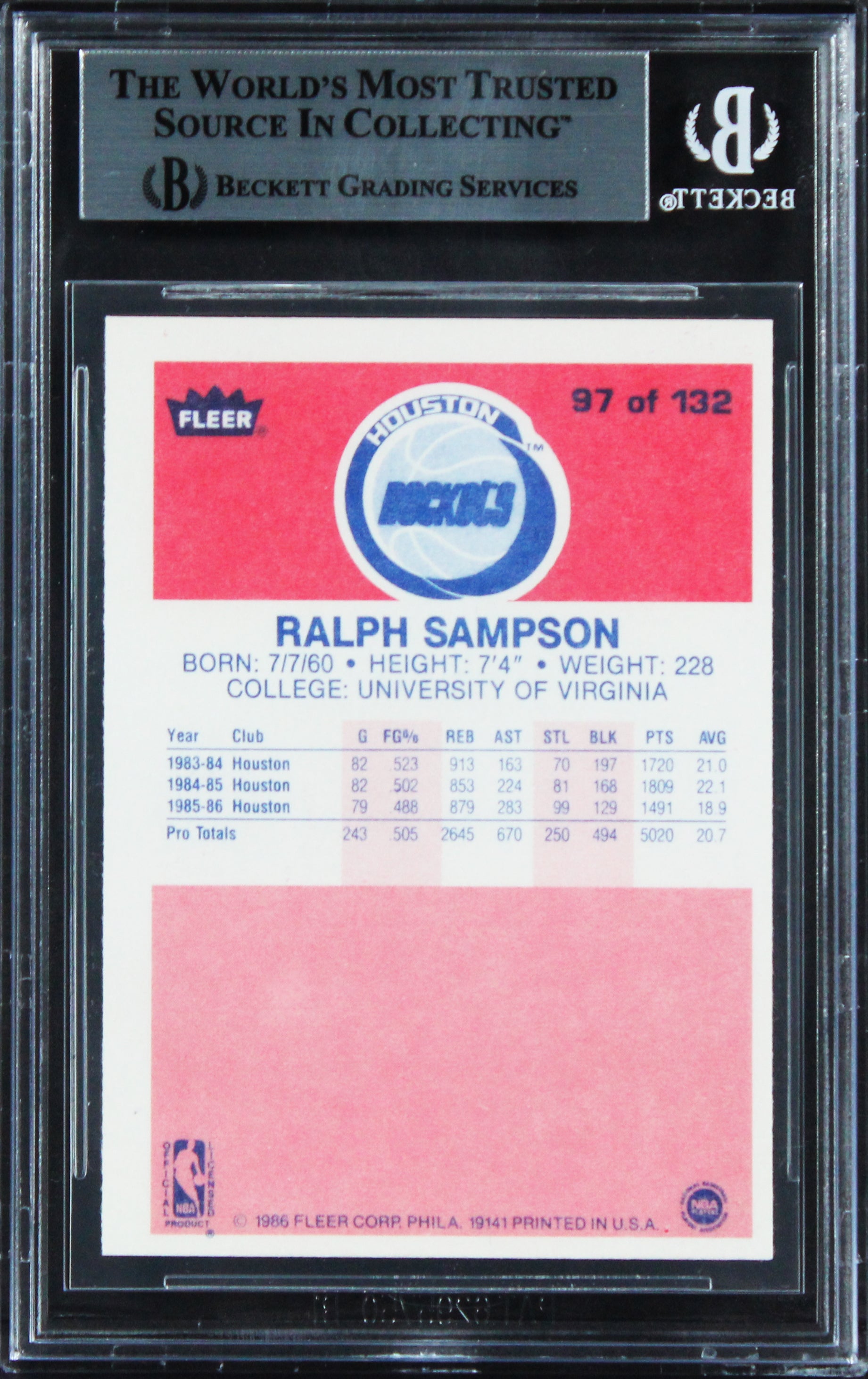 Rockets Ralph Sampson Authentic Signed 1986 Fleer #97 Card BAS Slabbed