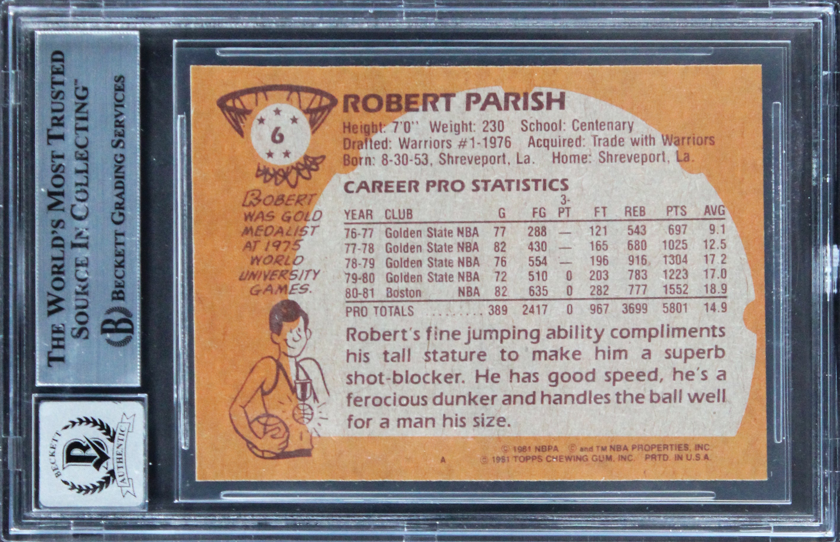 Celtics Robert Parrish Authentic Signed 1981 Topps #6 Card Auto 10! BAS Slabbed