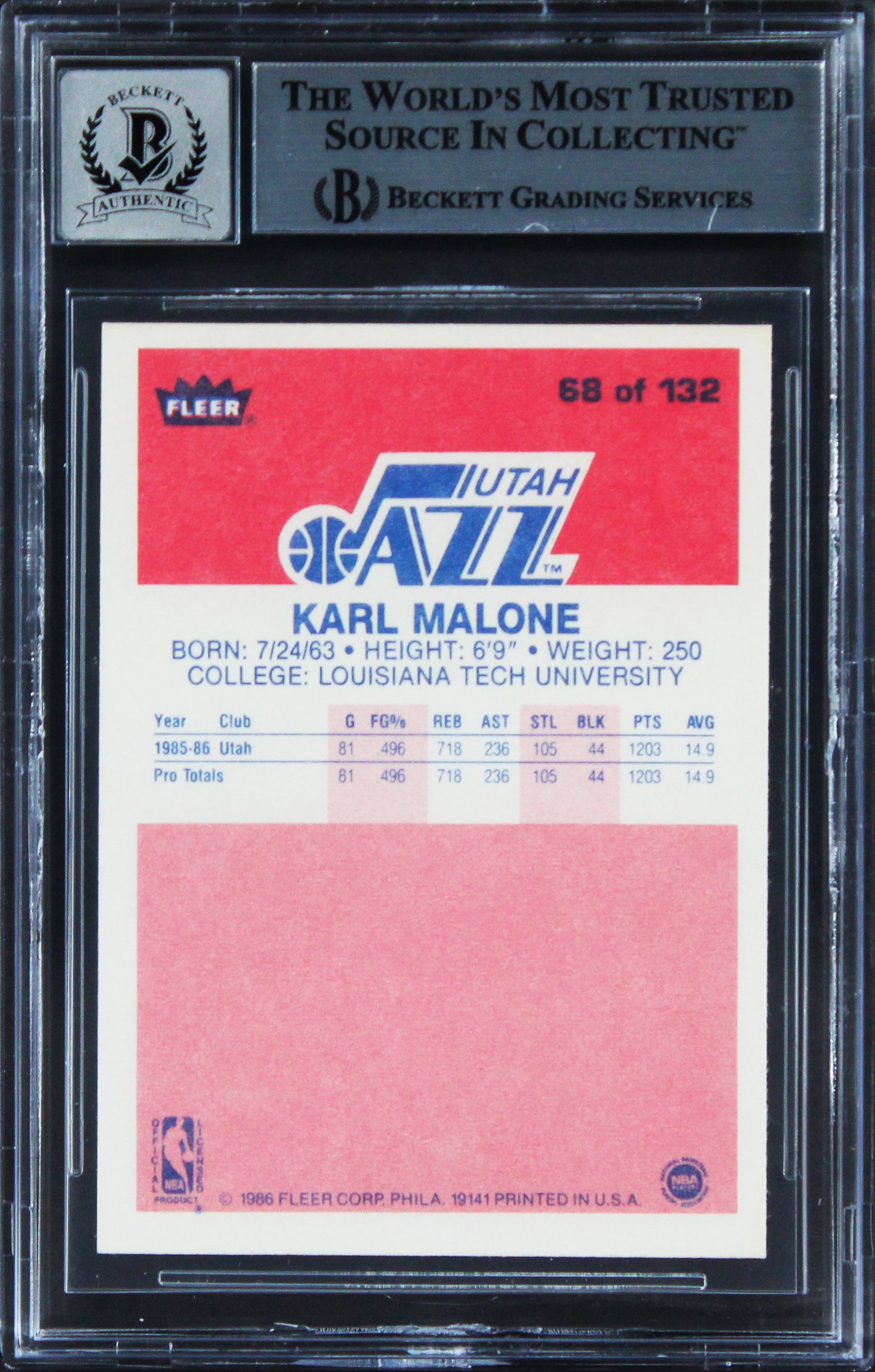 Jazz Karl Malone Signed 1986 Fleer #68 Rookie Card Auto 10! BAS Slabbed