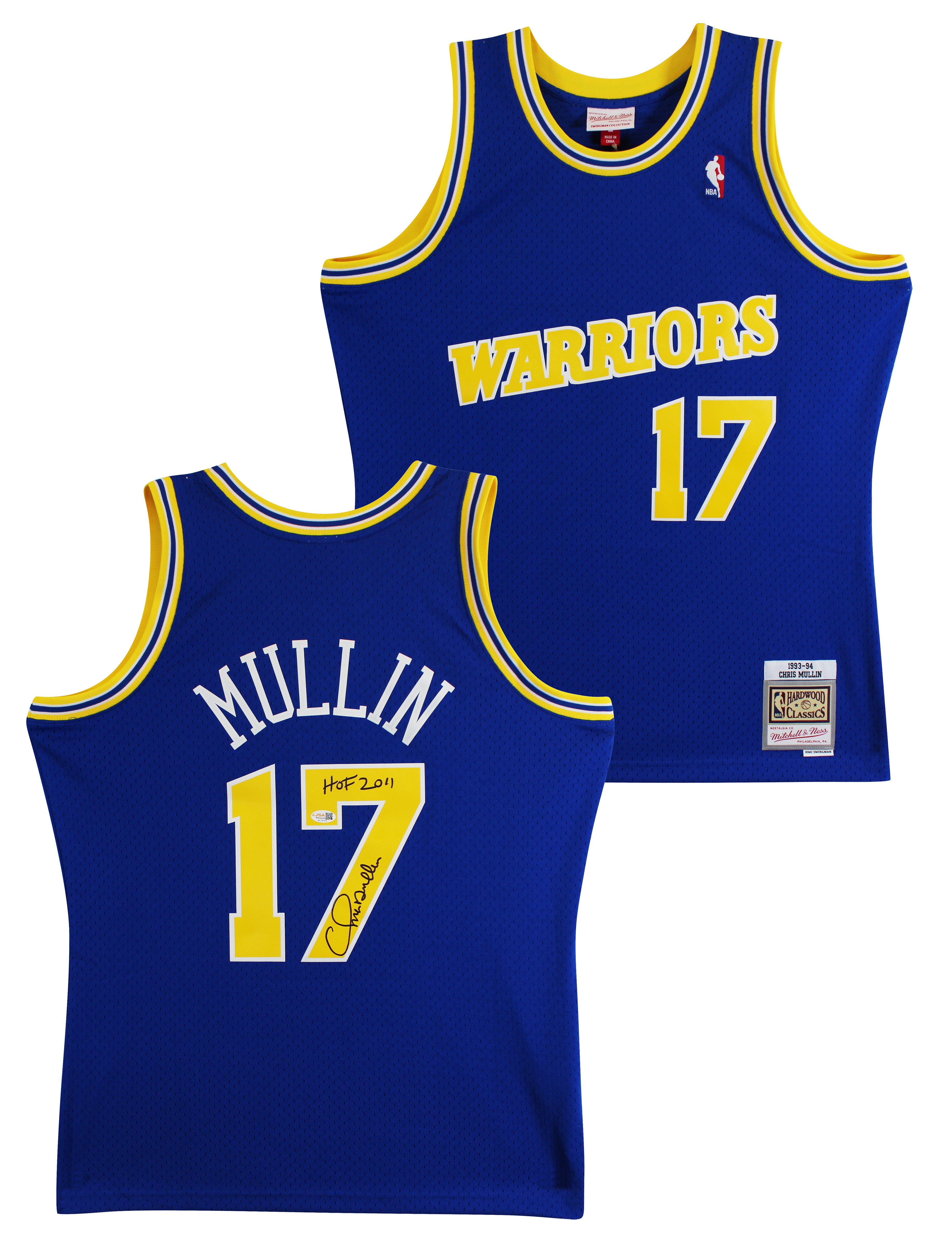 Warriors Chris Mullin "HOF 11" Signed Blue M&N 93-94 TB HWC Swingman Jersey JSA