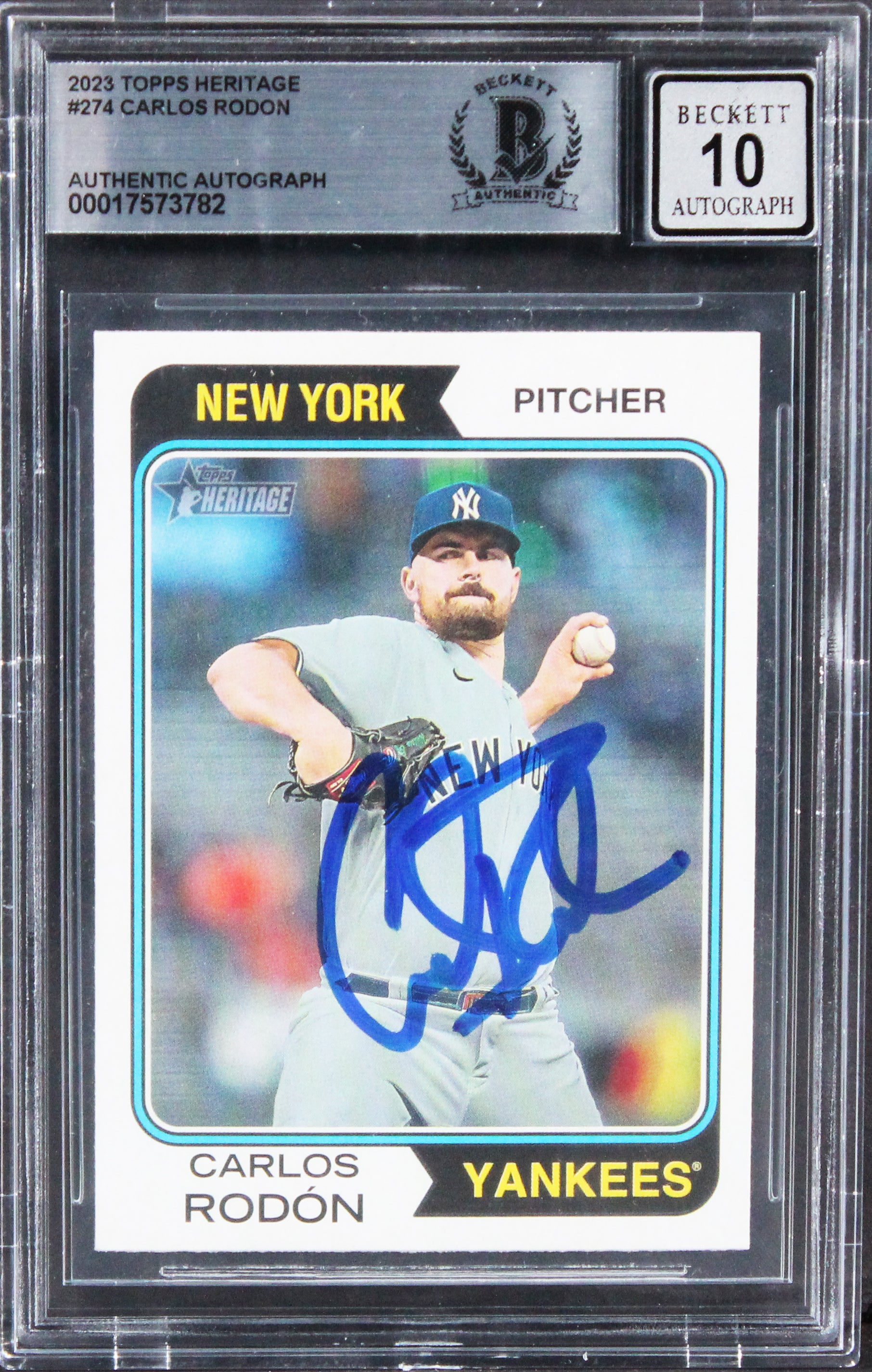 Yankees Carlos Rodon Signed 2023 Topps Heritage #274 Card Auto 10! BAS Slabbed
