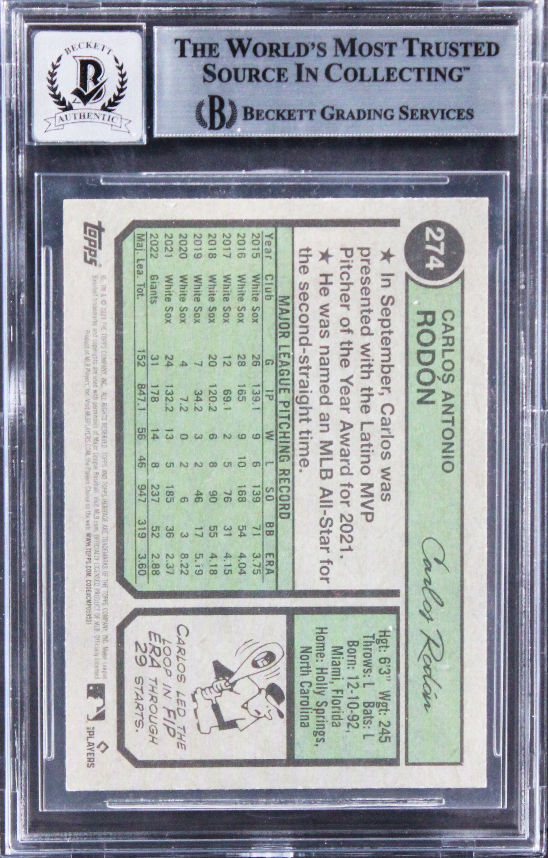 Yankees Carlos Rodon Signed 2023 Topps Heritage #274 Card Auto 10! BAS Slabbed