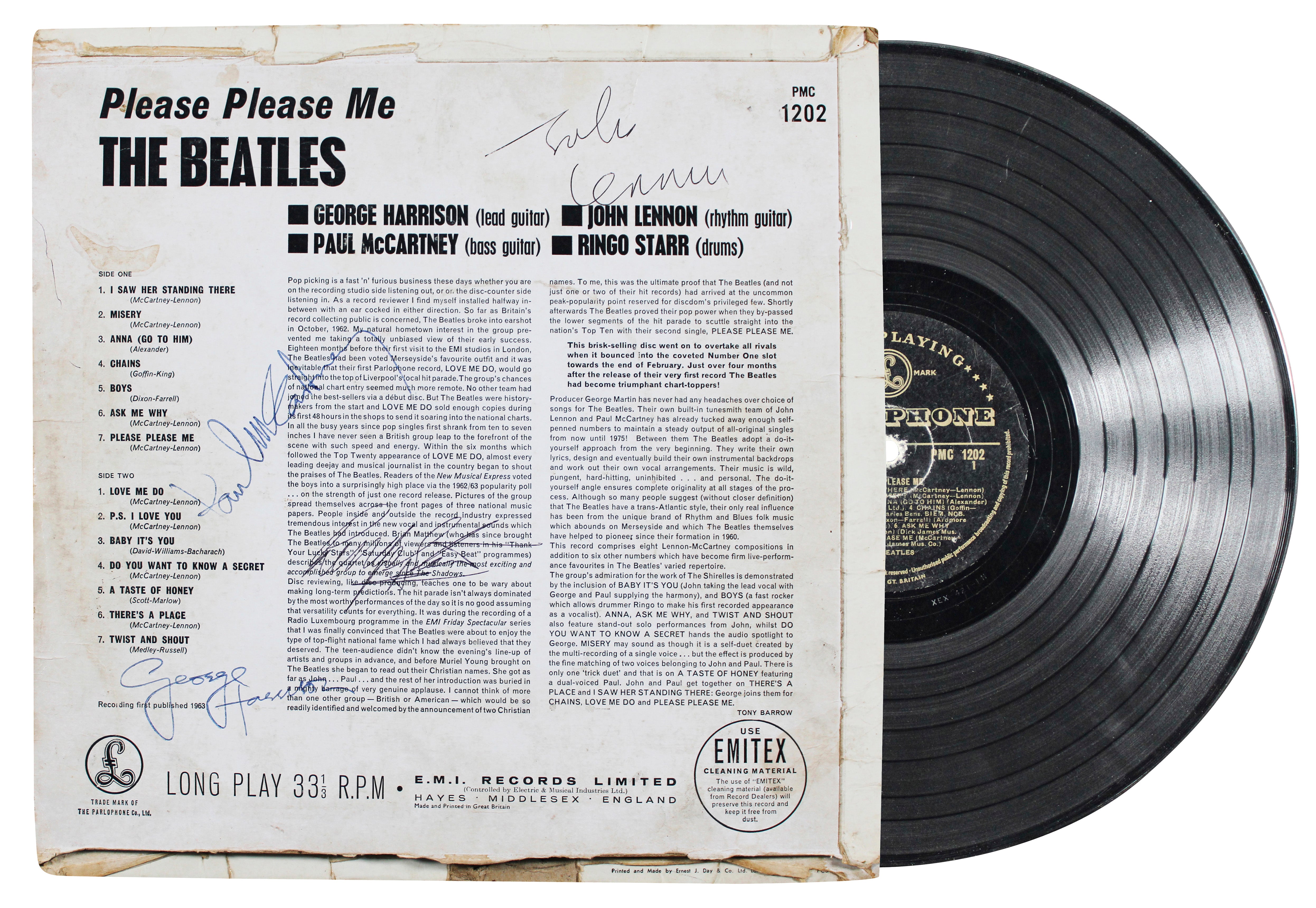Beatles 4 Lennon, McCartney, Harrison & Starr Signed Parlaphone Album Cover BAS