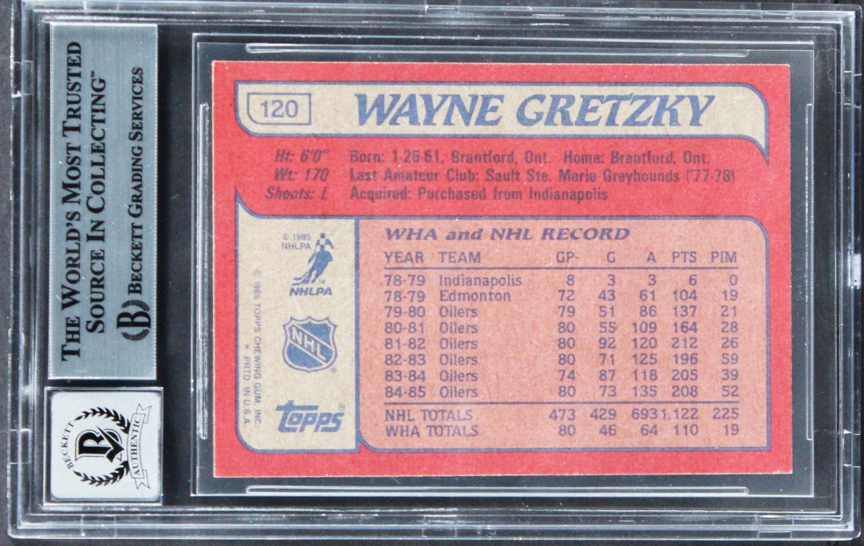Oilers Wayne Gretzky Authentic Signed 1985 Topps #120 Card Auto 10! BAS Slabbed