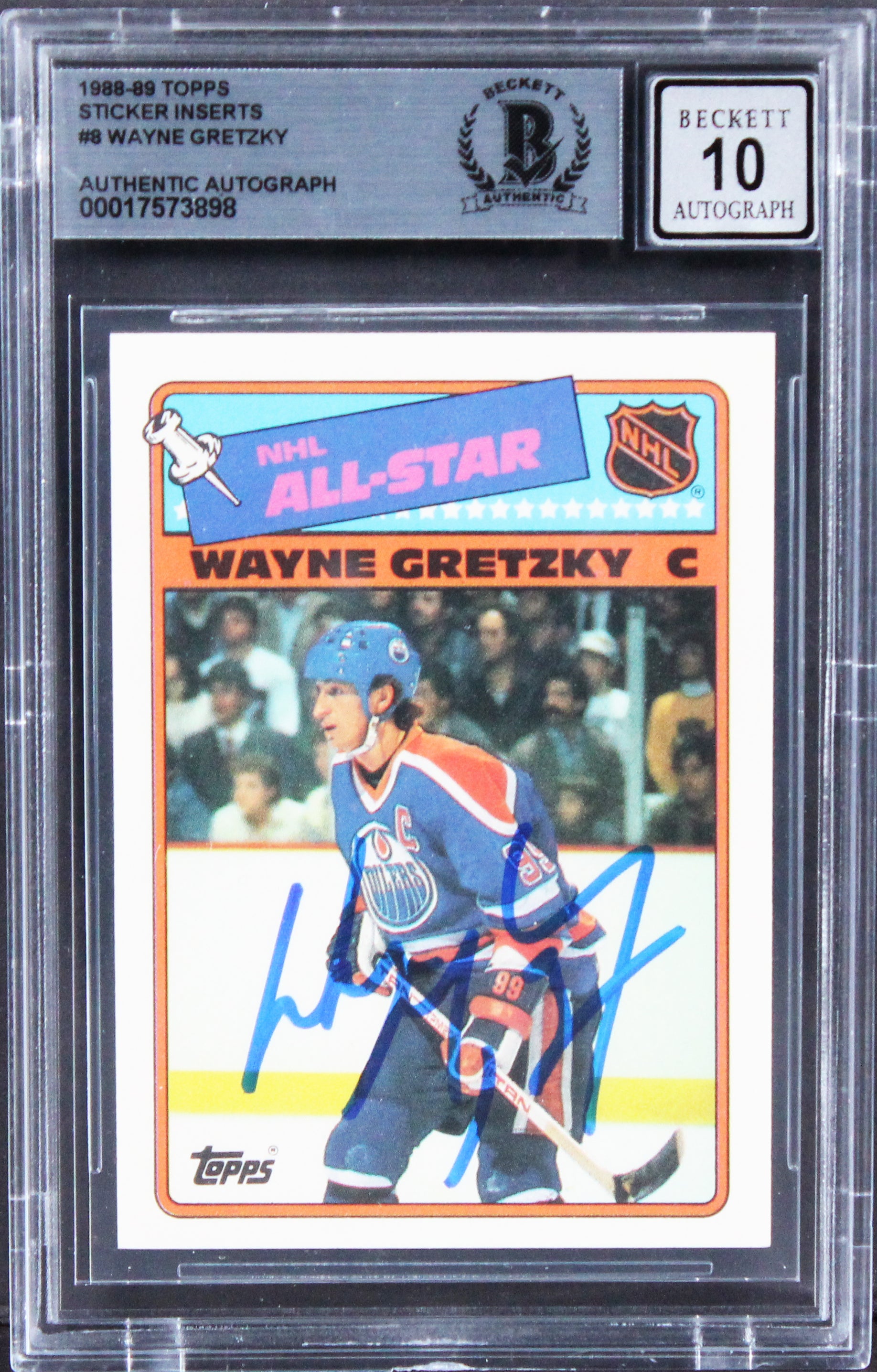 Oilers Wayne Gretzky Signed 1988 Topps Sticker Inserts #8 Card Auto 10! BAS Slab