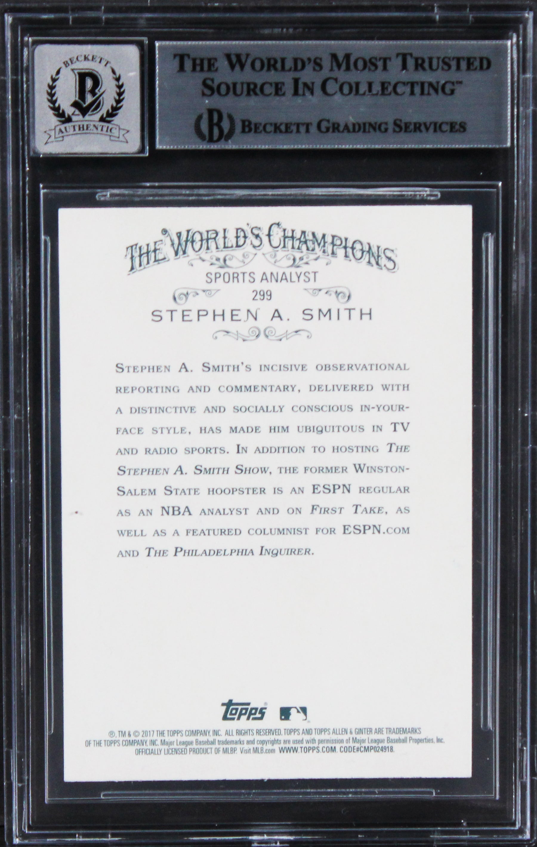 Stephen A. Smith Signed 2017 Topps Allen & Ginter #299 Card Auto 10! BAS Slabbed