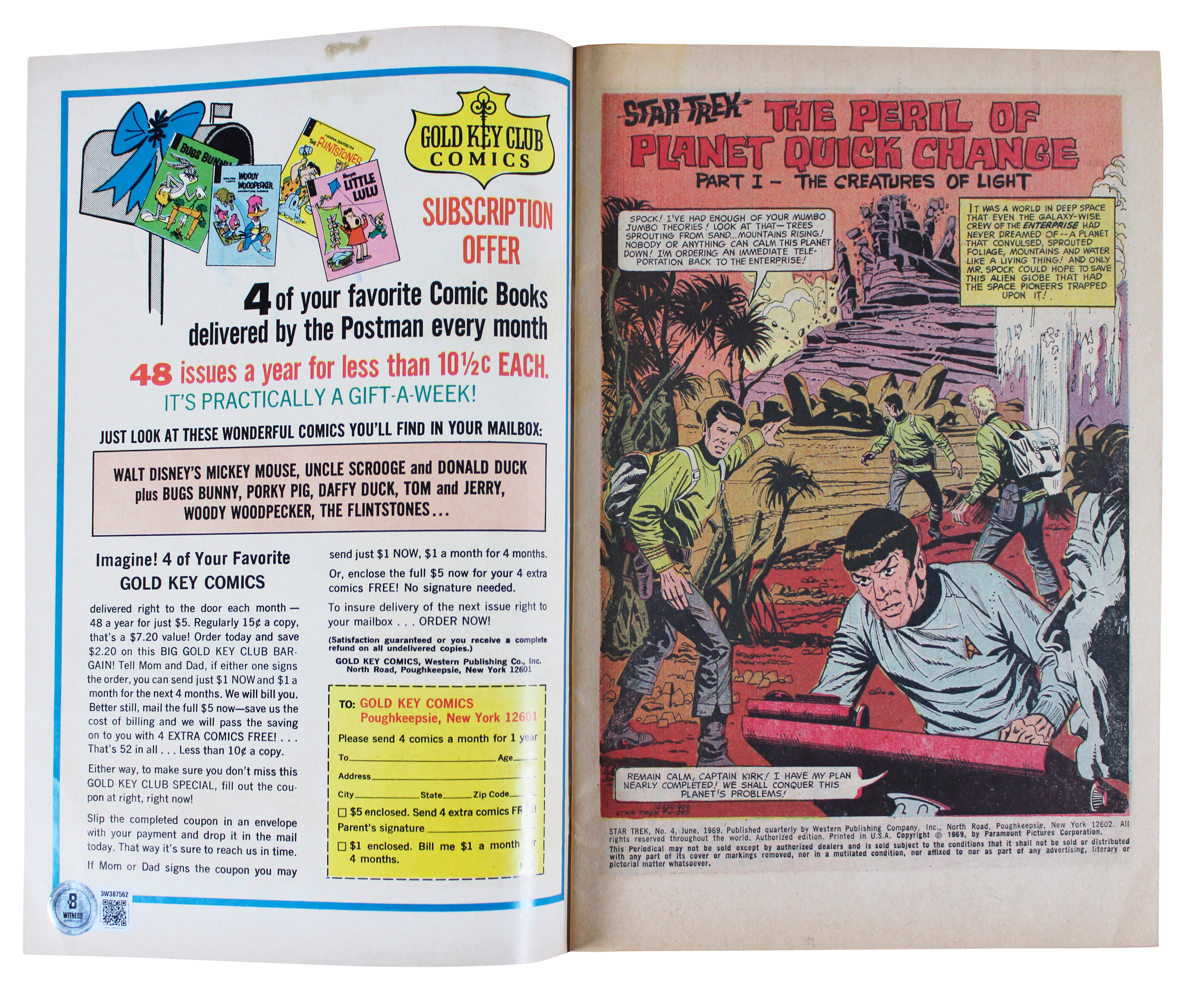 William Shatner "Captain Kirk" Signed 1969 Star Trek #4 Comic BAS Wit #3W387562