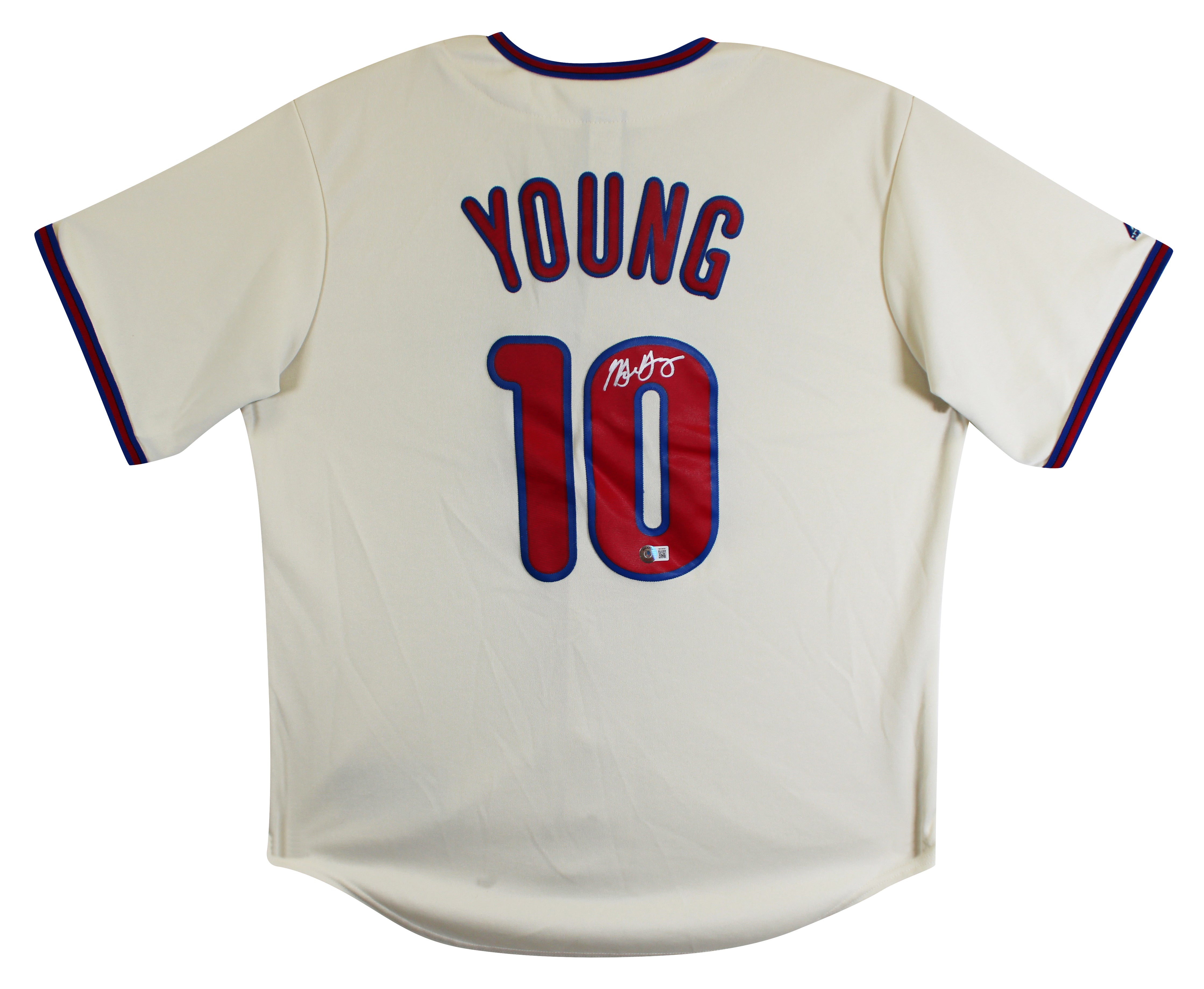 Phillies Michael Young Signed Cream Majestic Jersey BAS Witnessed #1W036636