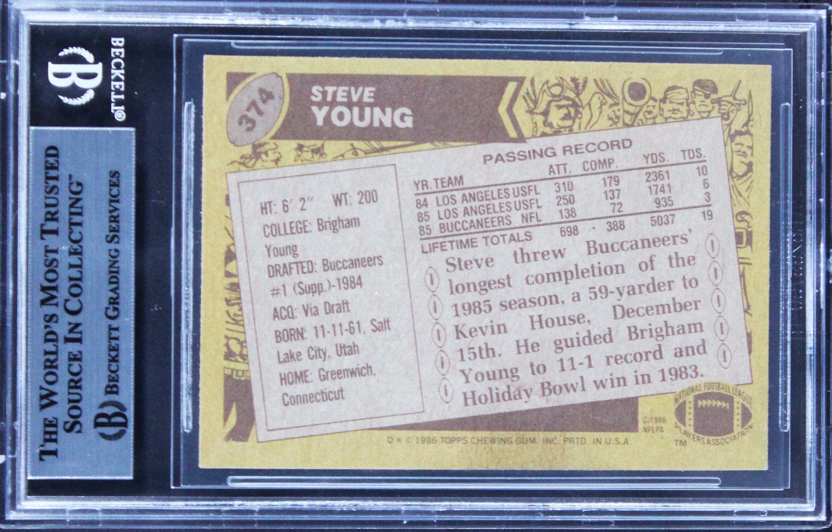Buccaneers Steve Young Authentic Signed 1986 Topps #374 Rookie Card BAS Slabbed