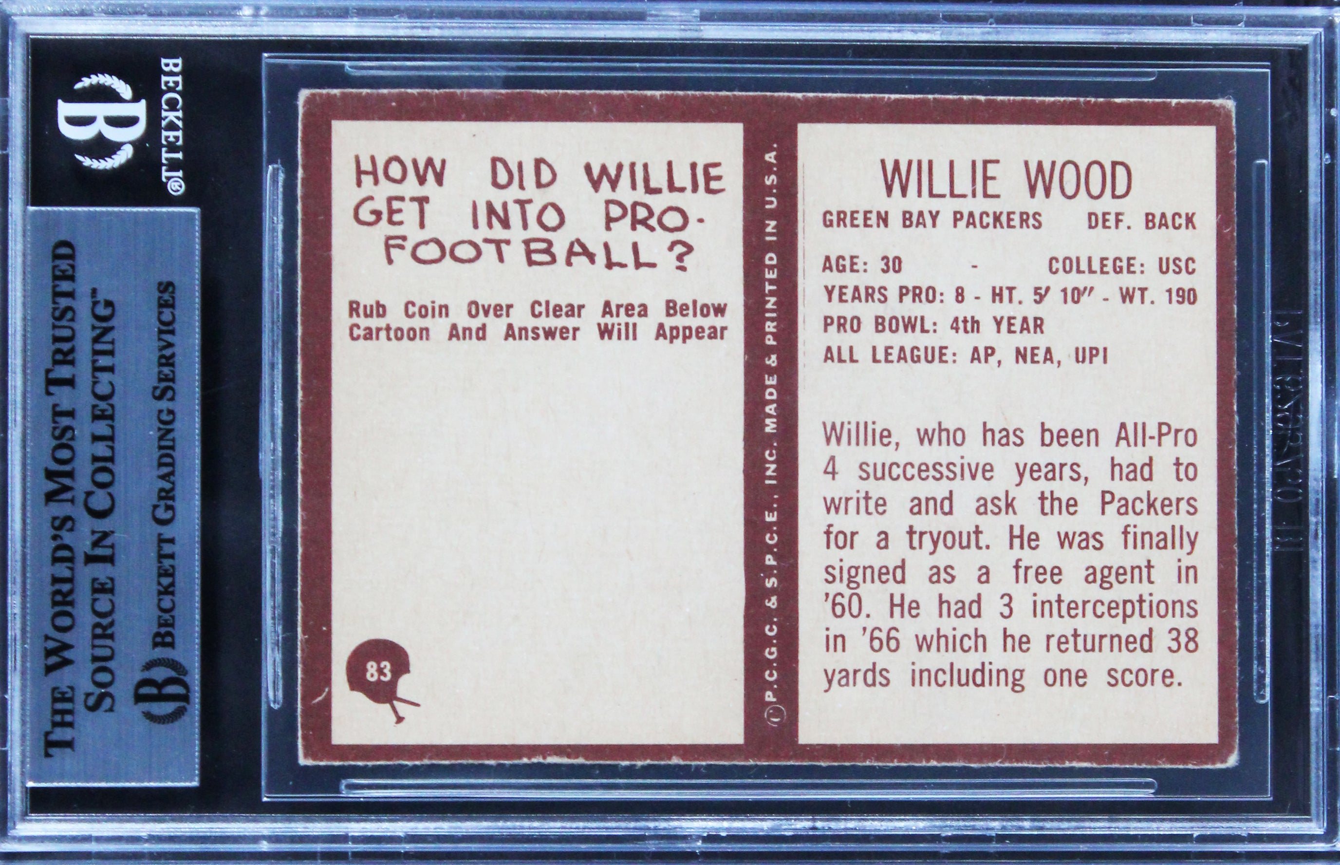 Packers Willie Wood Authentic Signed 1967 Philadelphia #83 Card BAS Slabbed