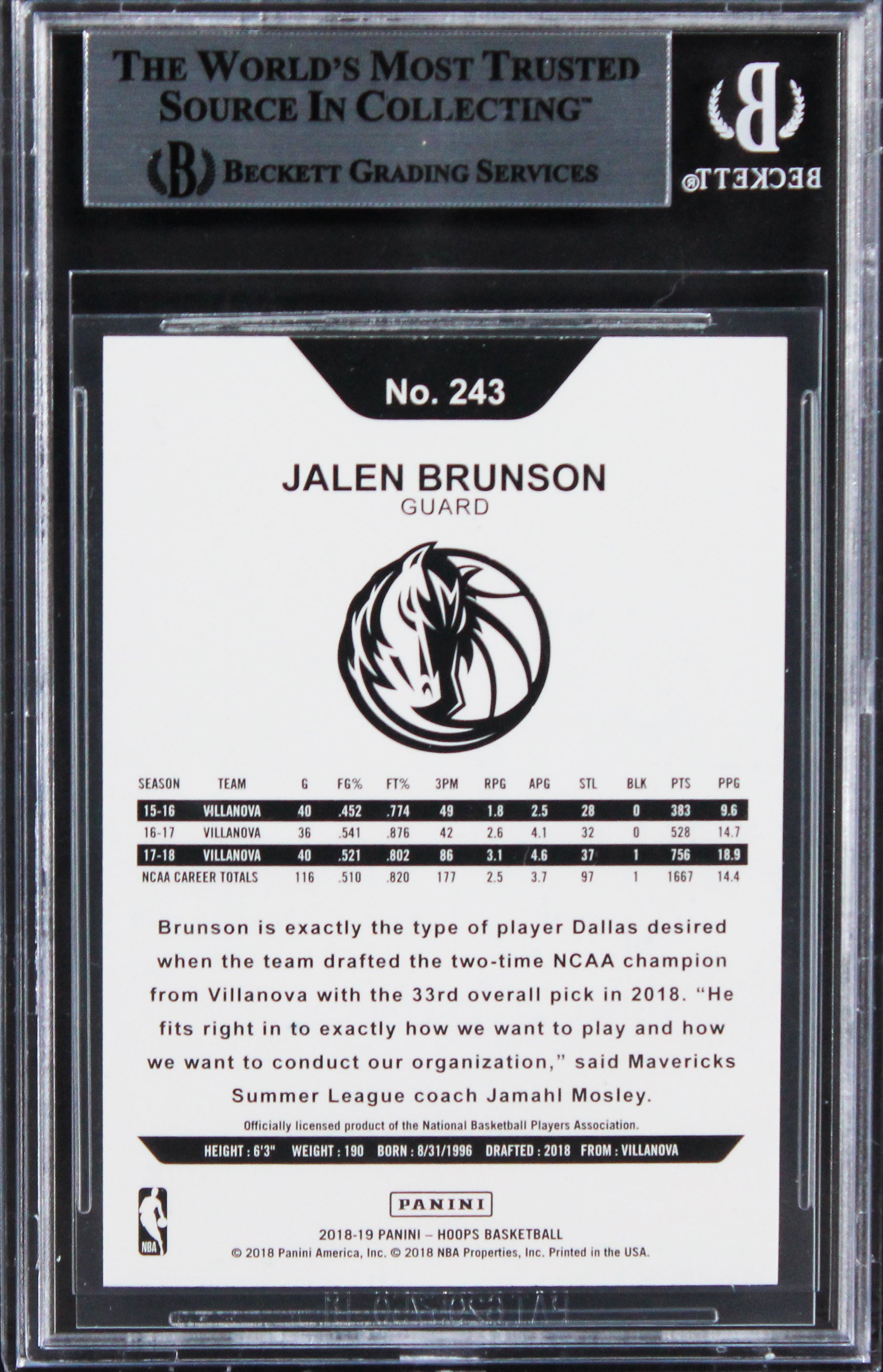 Mavericks Jalen Brunson Authentic Signed 2018 Hoops #243 Rookie Card BAS Slabbed