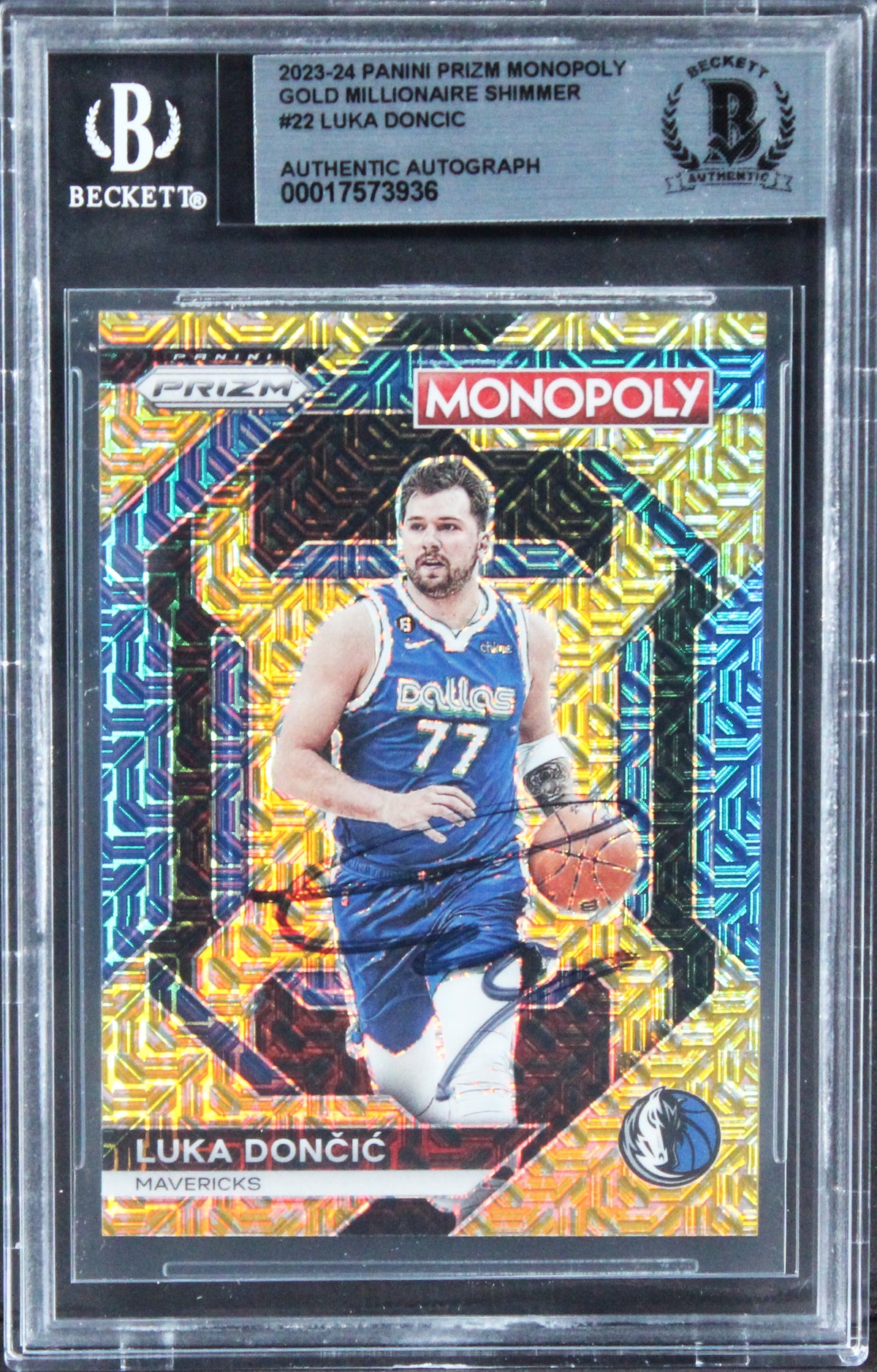 Luka Doncic Signed 2023 Panini Prizm Mono Gold Million Shimmer #22 Card BAS Slab