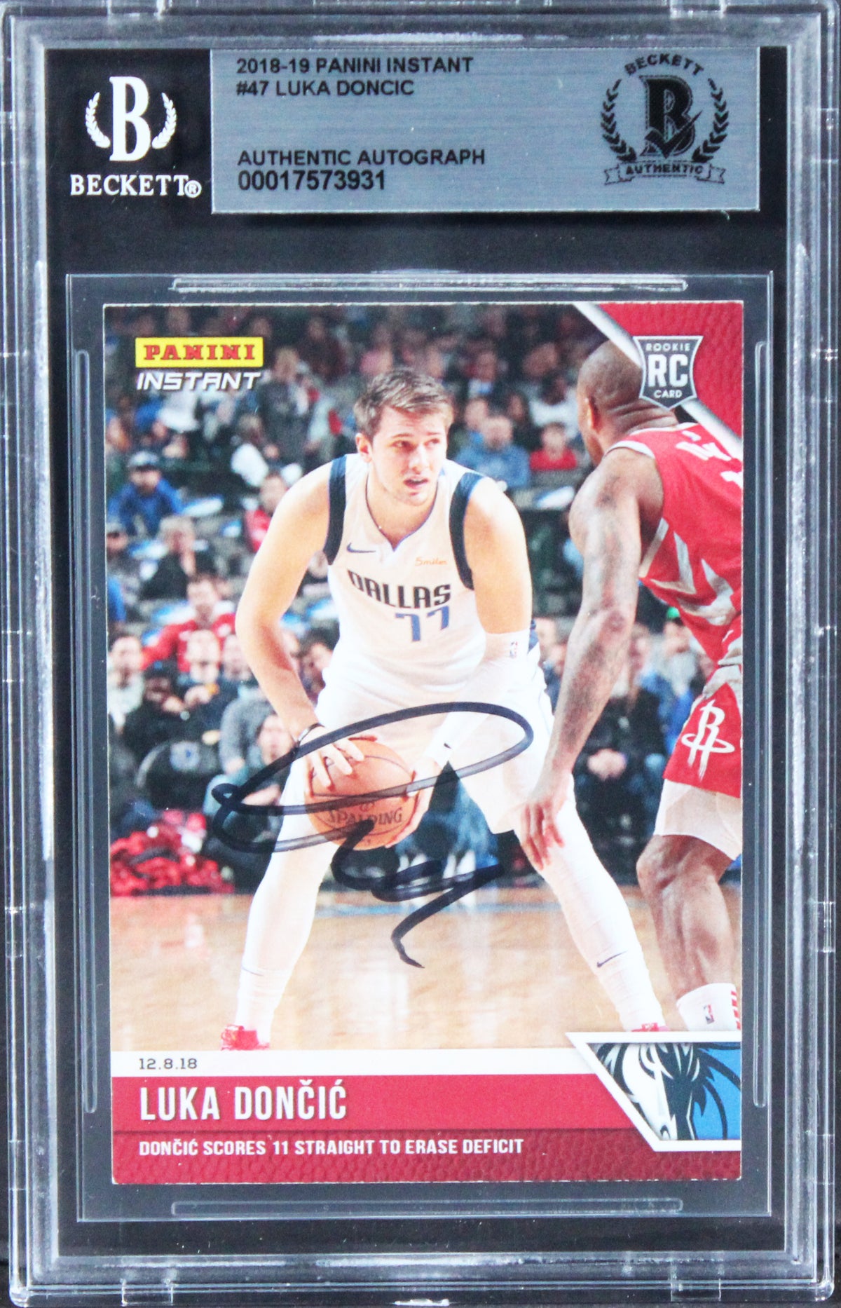 Mavericks Luka Doncic Signed 2018 Panini Instant #47 Rookie Card BAS Slabbed