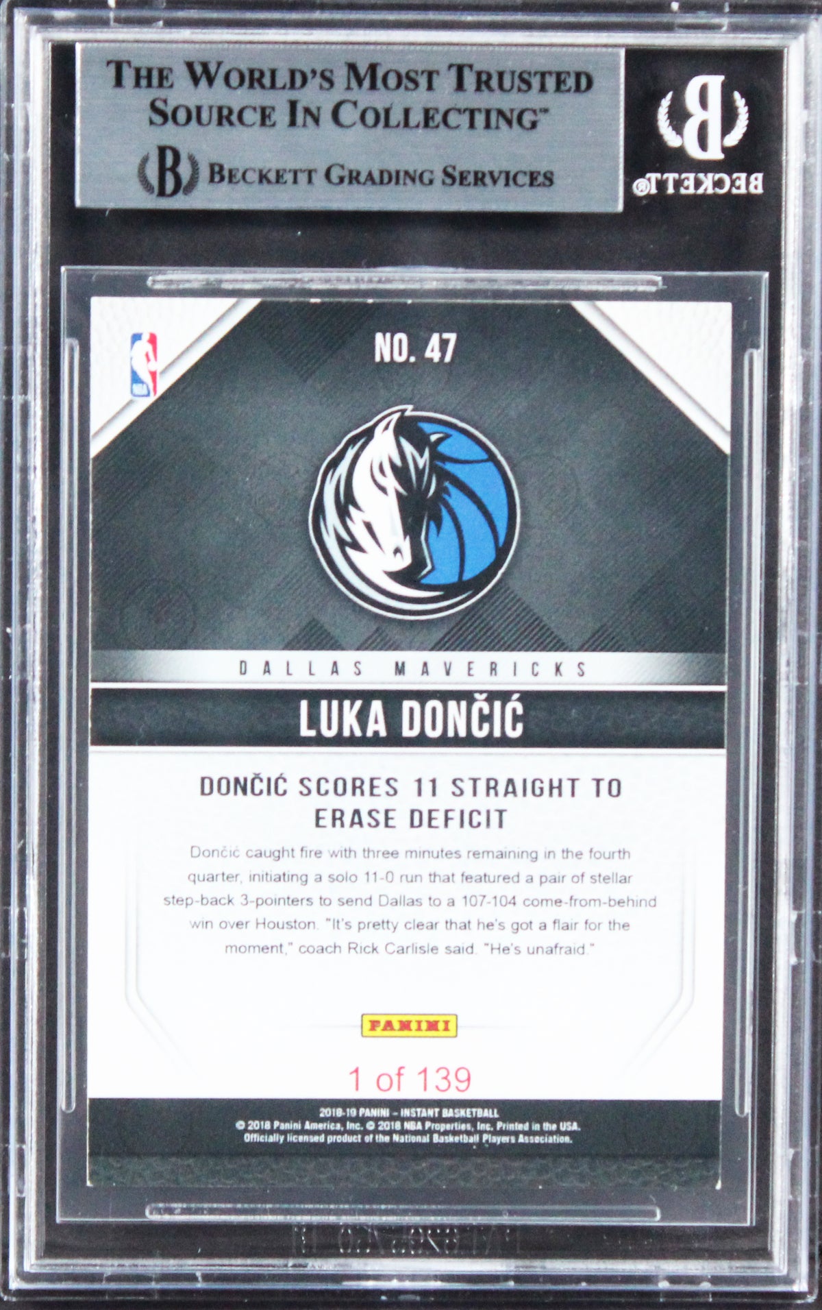 Mavericks Luka Doncic Signed 2018 Panini Instant #47 Rookie Card BAS Slabbed