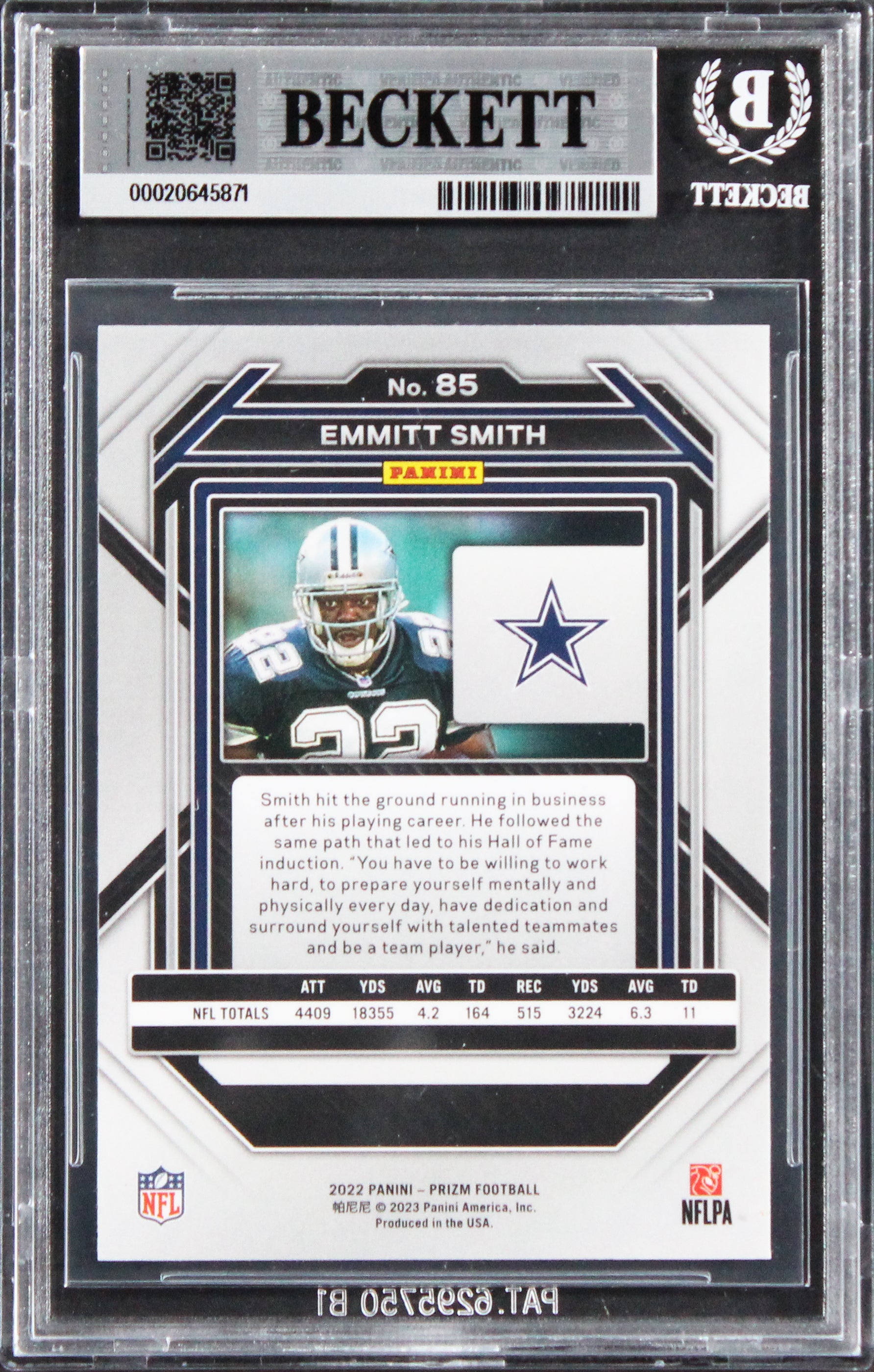 Cowboys Emmitt Smith Signed 2022 Panini Prizm #85 Card Auto GM 10! BAS Slabbed