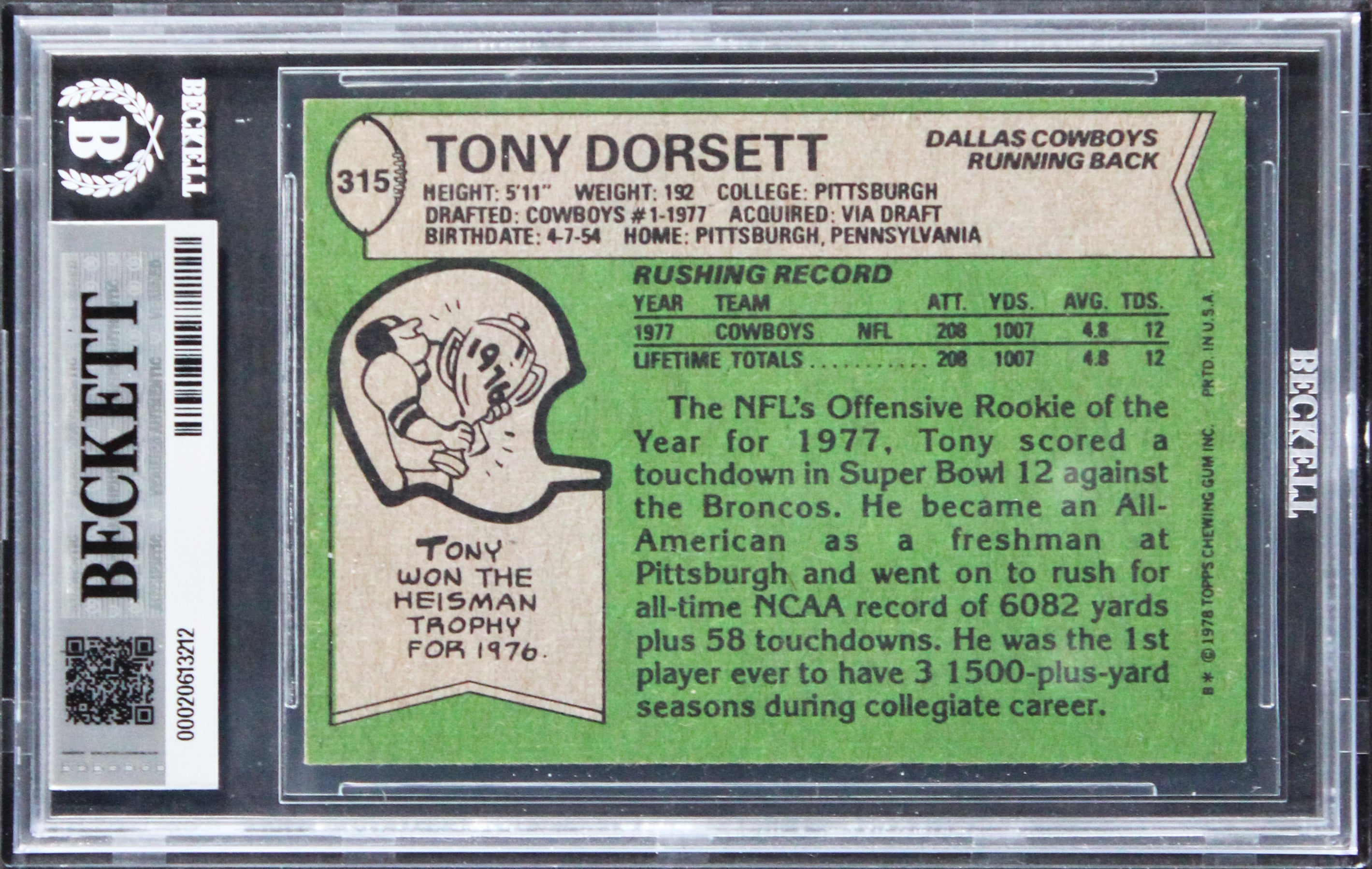 Tony Dorsett "HOF 94 ROY 77" Signed 1978 Topps #315 RC Card Auto 10! BAS Slabbed