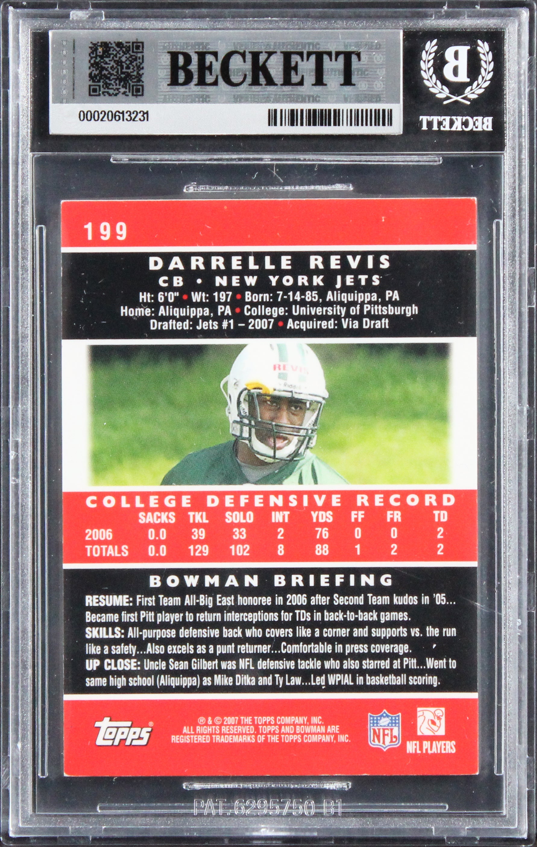 Jets Darrelle Revis Signed 2007 Bowman #199 Rookie Card Auto GM 10! BAS Slabbed