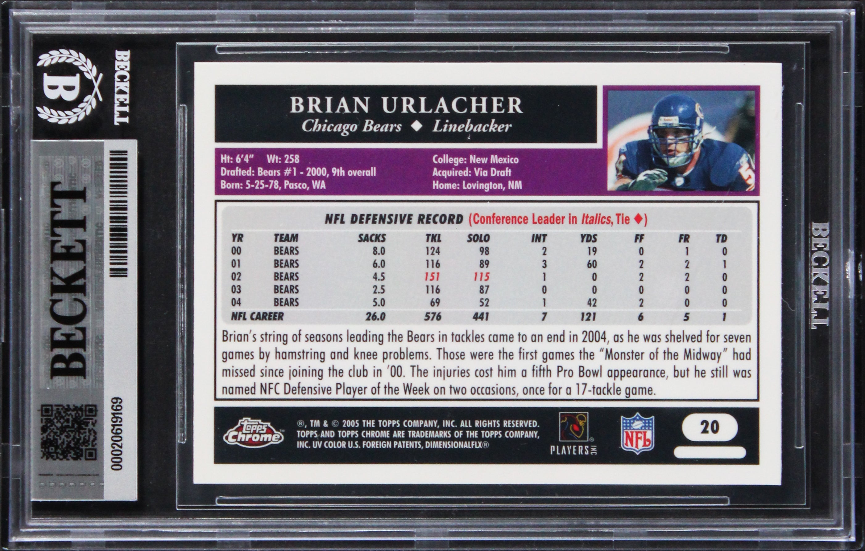 Bears Brian Urlacher Signed 2007 Bowman #199 Card Auto Grade GM 10! BAS Slabbed