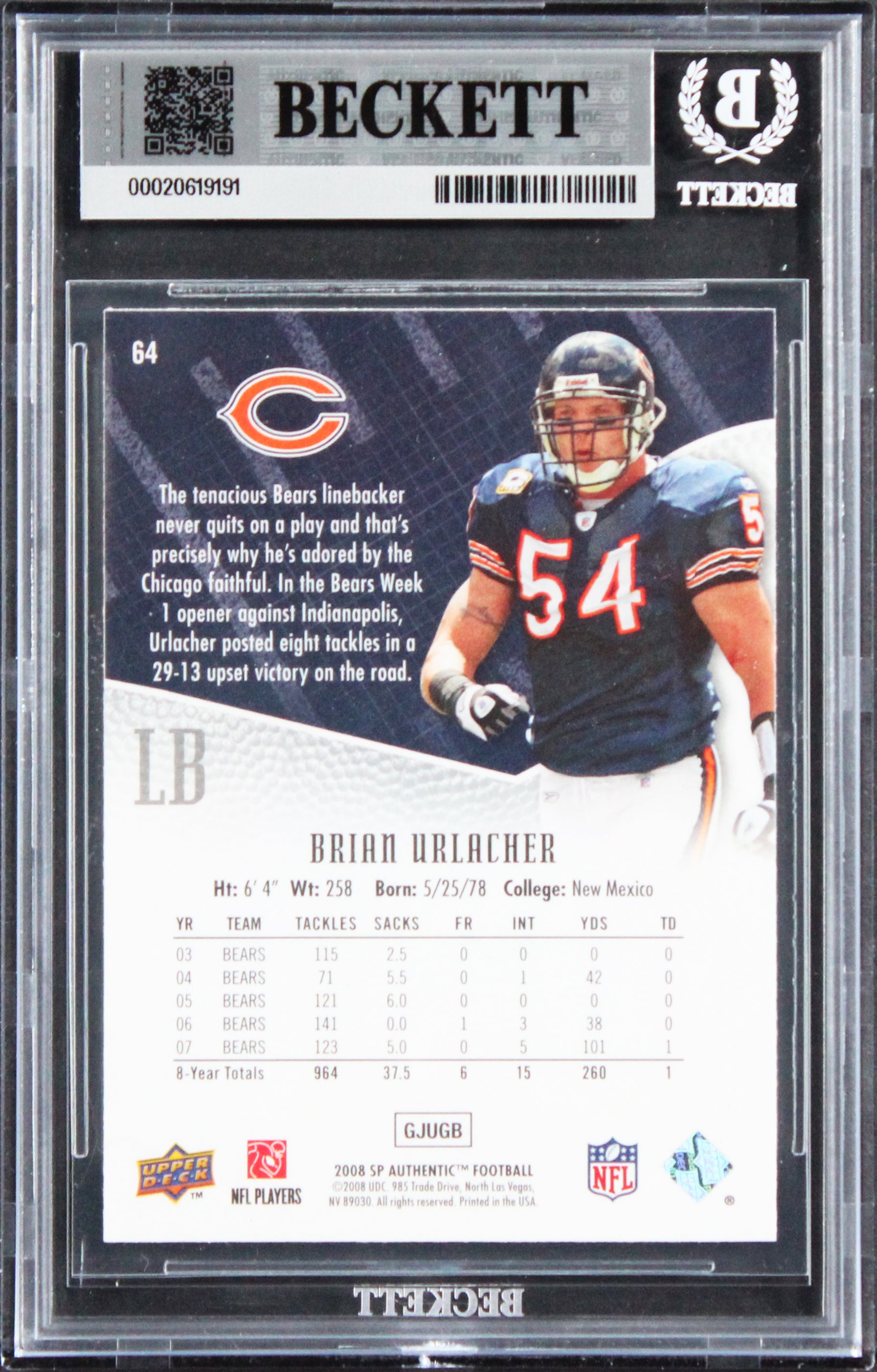 Bears Brian Urlacher Signed 2008 SP Authentic #64 Card Auto GM 10! BAS Slabbed
