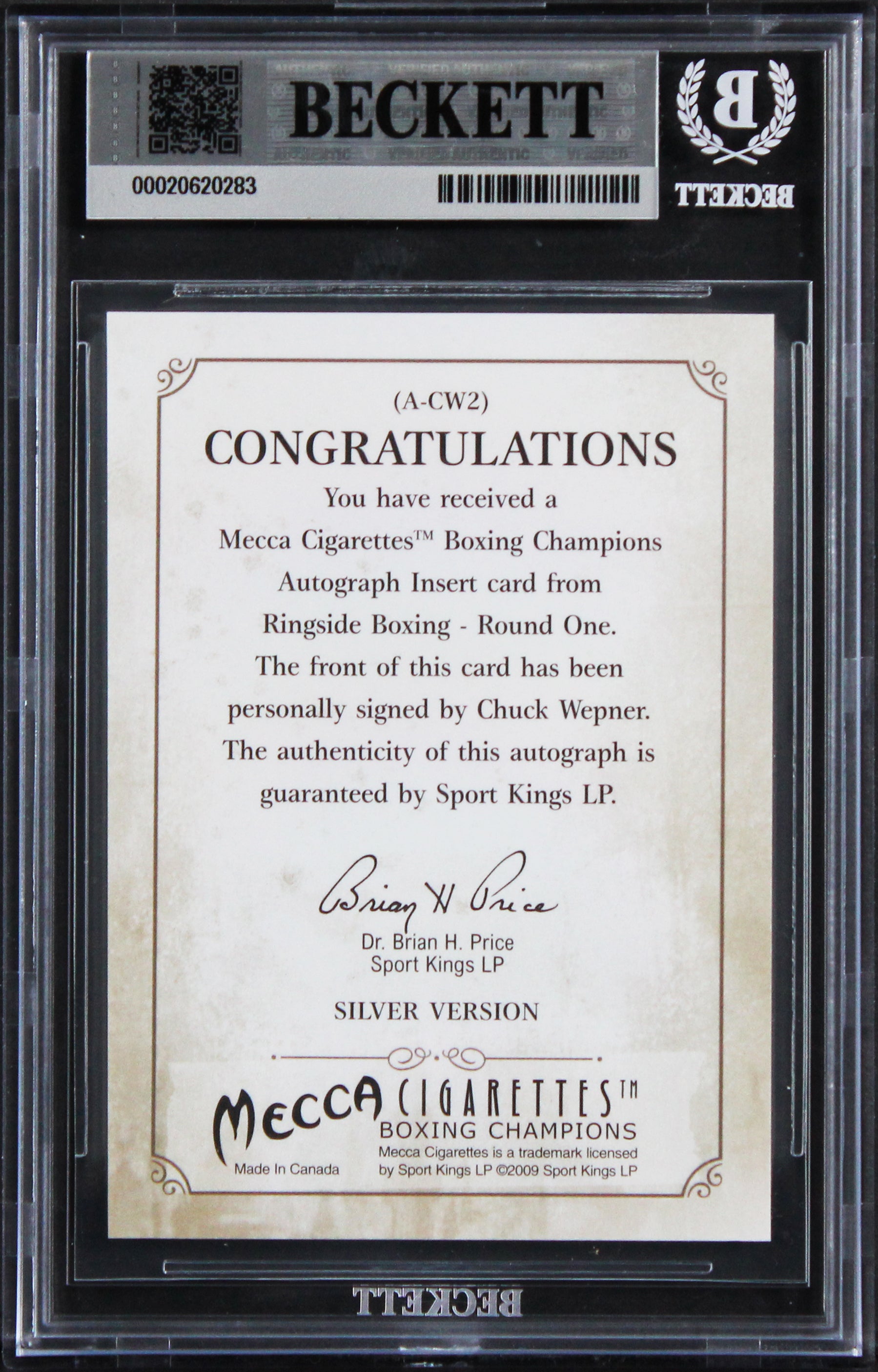 Chuck Wepner Signed 2010 Ringside Boxing #ACW2 Card Auto Grade 10! BAS Slabbed