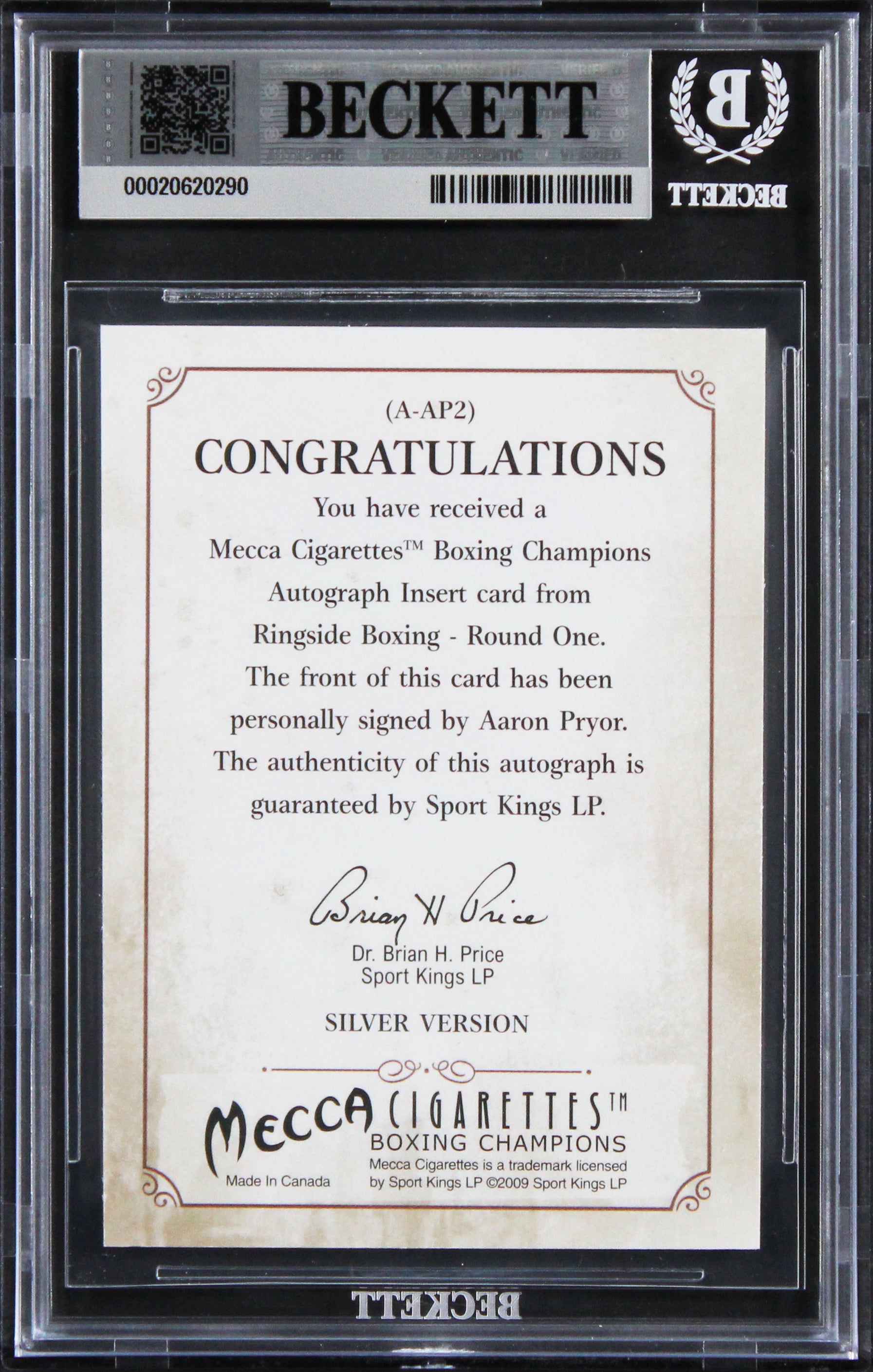 Aaron Pryor Signed 2010 Ringside Boxing #AAP2 Card Auto Grade 10! BAS Slabbed