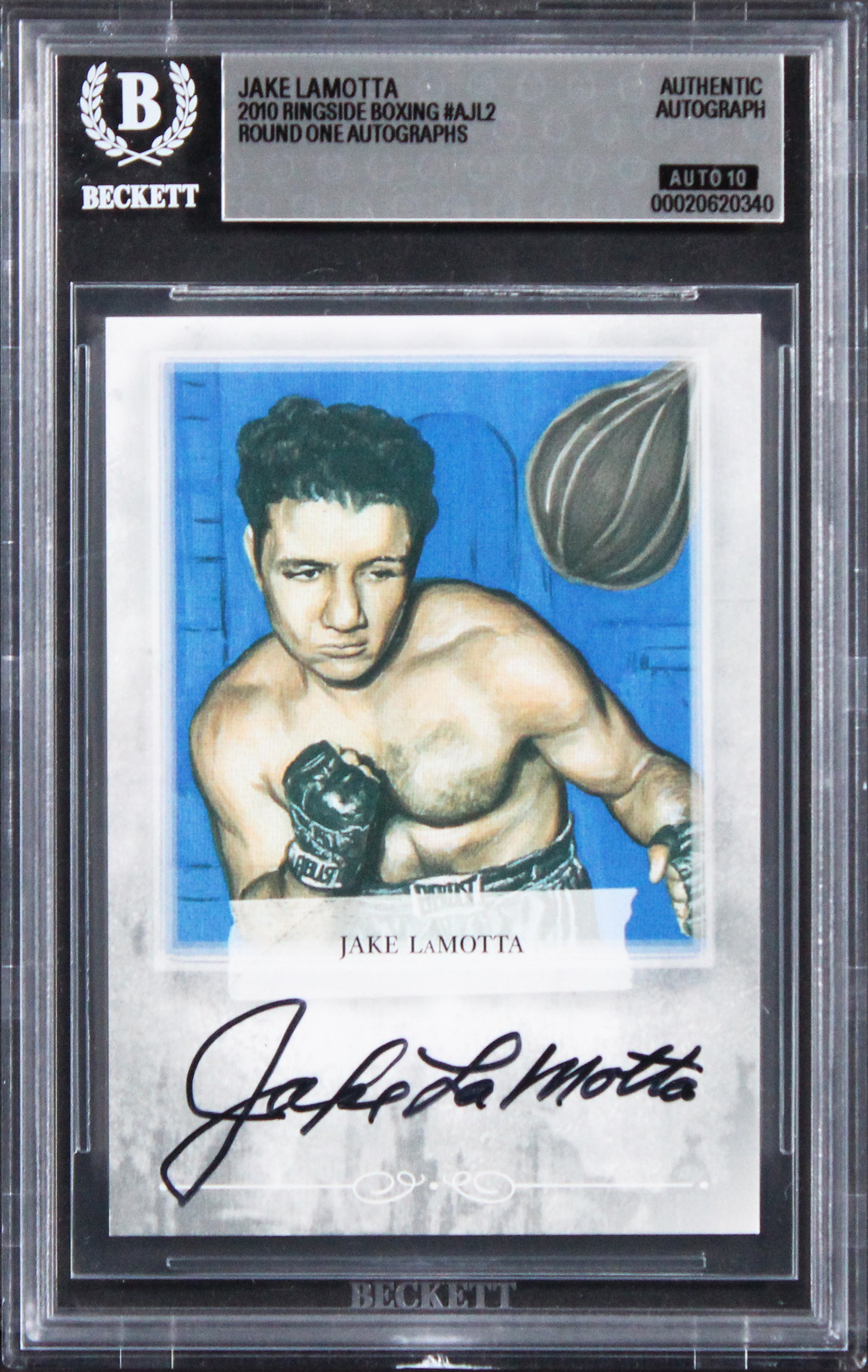 Jake LaMotta Signed 2010 Ringside Boxing #AJL2 Card Auto Grade 10! BAS Slabbed