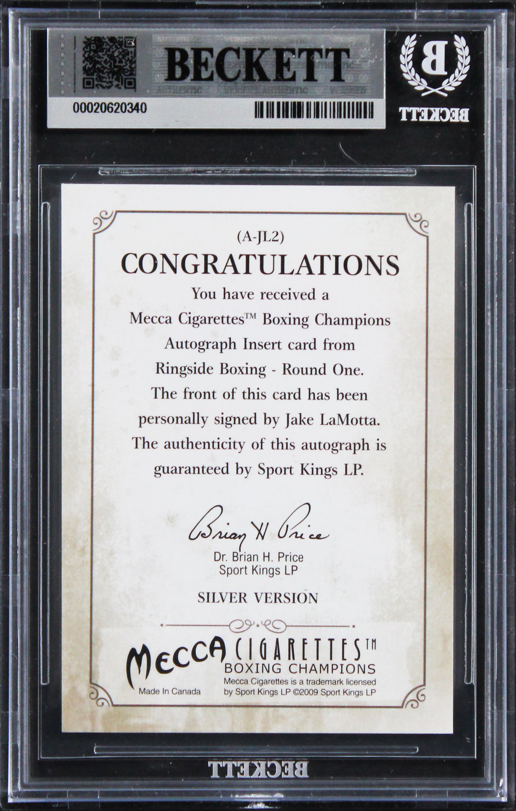 Jake LaMotta Signed 2010 Ringside Boxing #AJL2 Card Auto Grade 10! BAS Slabbed