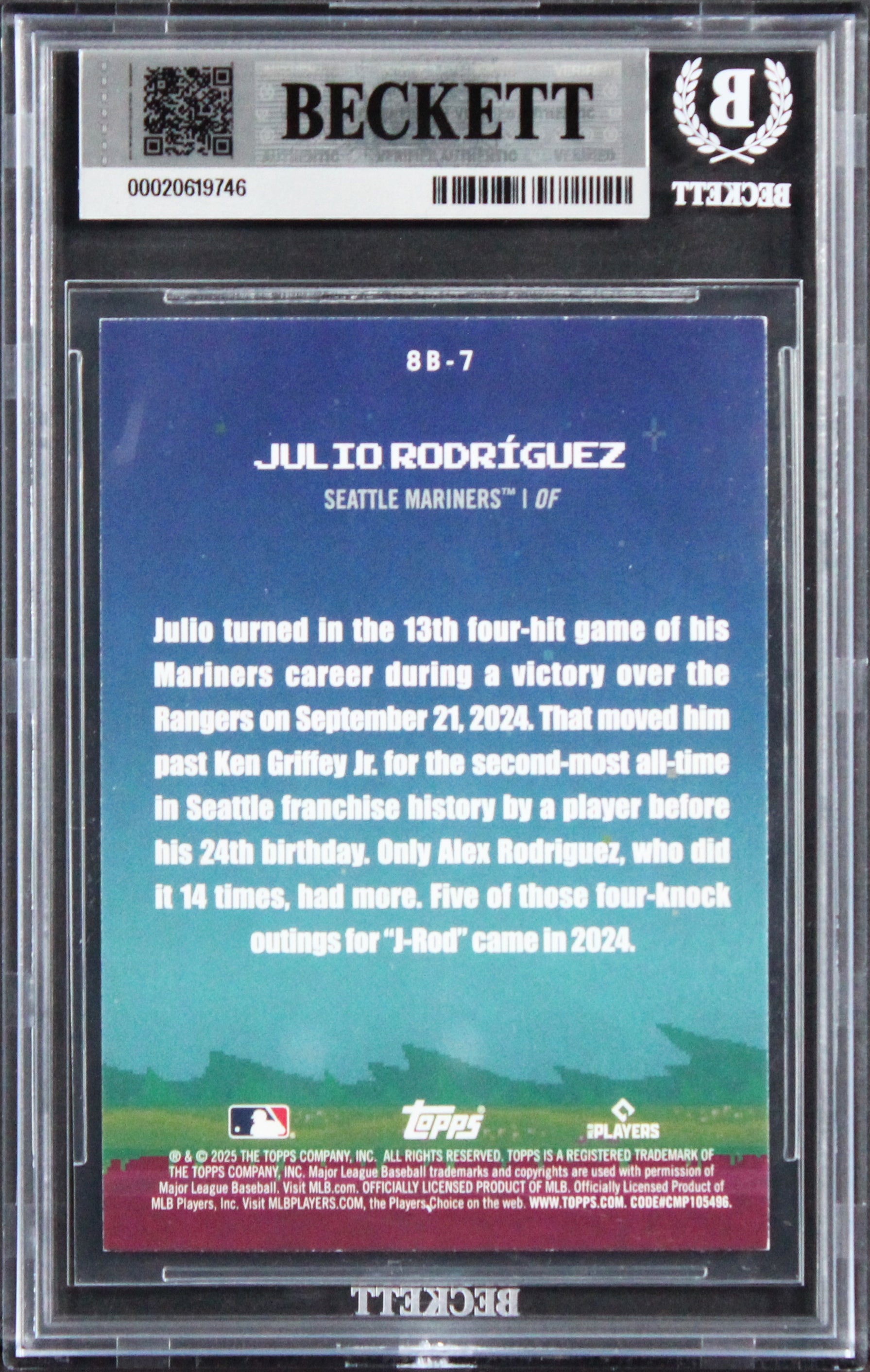 Mariners Julio Rodriguez Signed 2025 Topps #8B7 Card Auto Grade 10! BAS Slabbed