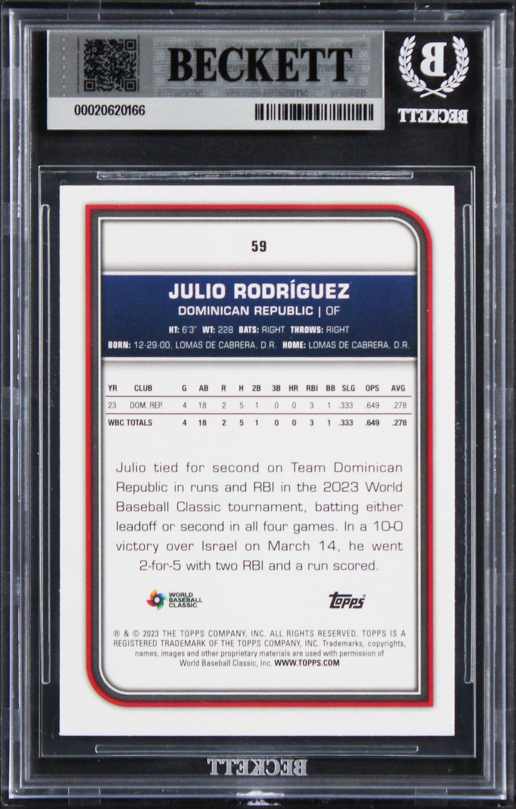 Mariners Julio Rodriguez Signed 2023 Topps WBC #59 Card Auto GM 10! BAS Slabbed