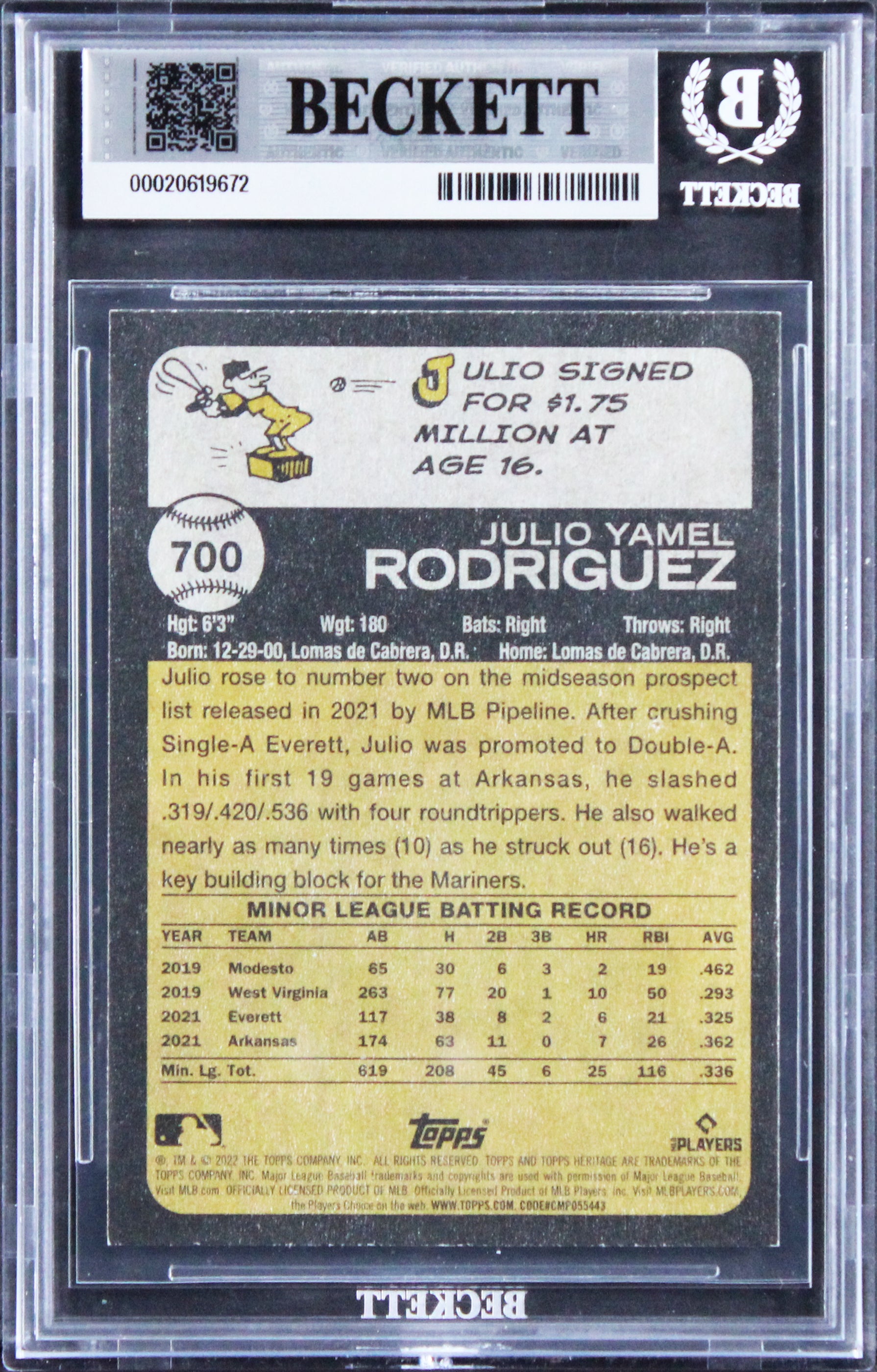 Mariners Julio Rodriguez Signed 2022 Topps #700 RC Card Auto GM 10! BAS Slabbed