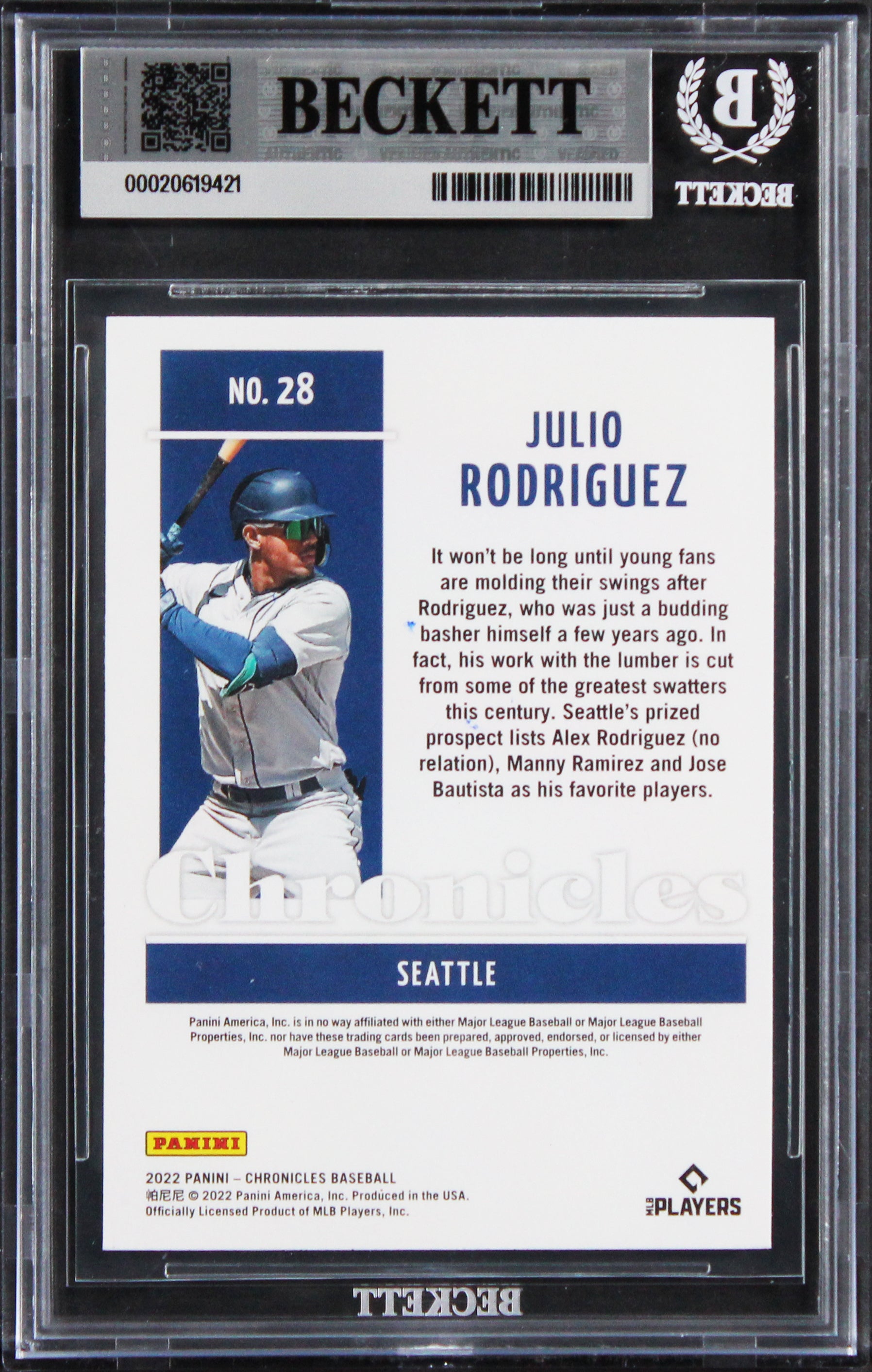 Mariners Julio Rodriguez Signed 2022 Panini #28 RC Card Auto GM 10! BAS Slabbed
