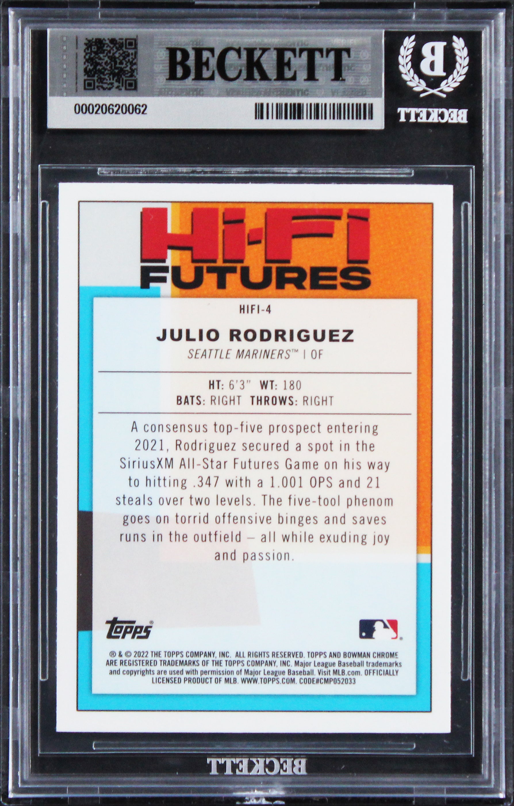 Mariners Julio Rodriguez Signed 2022 Bowman #HIFI4 RC Card Auto 10! BAS Slabbed