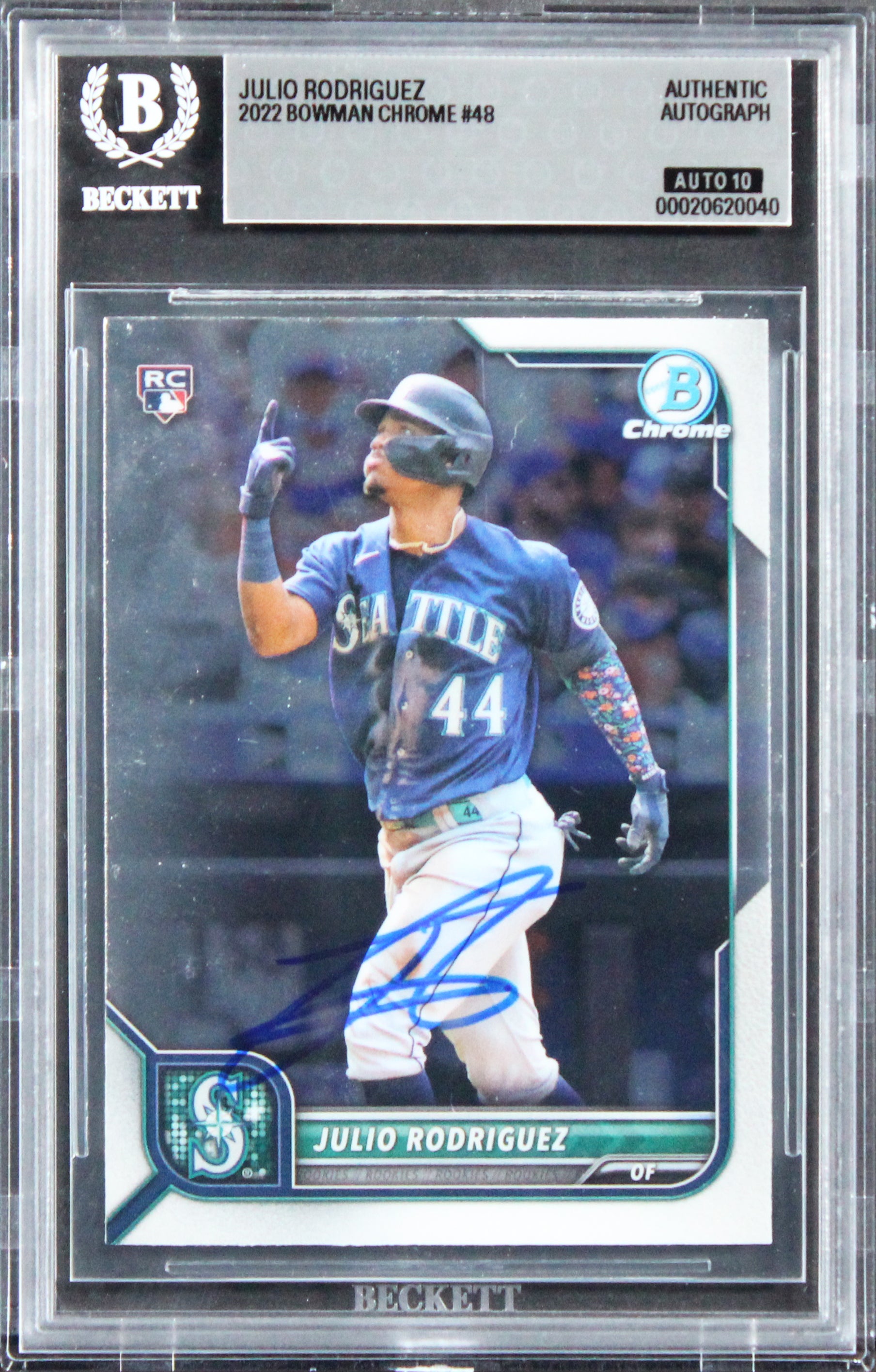 Mariners Julio Rodriguez Signed 2022 Bowman Chrome #48 RC Card Auto 10! BAS Slab