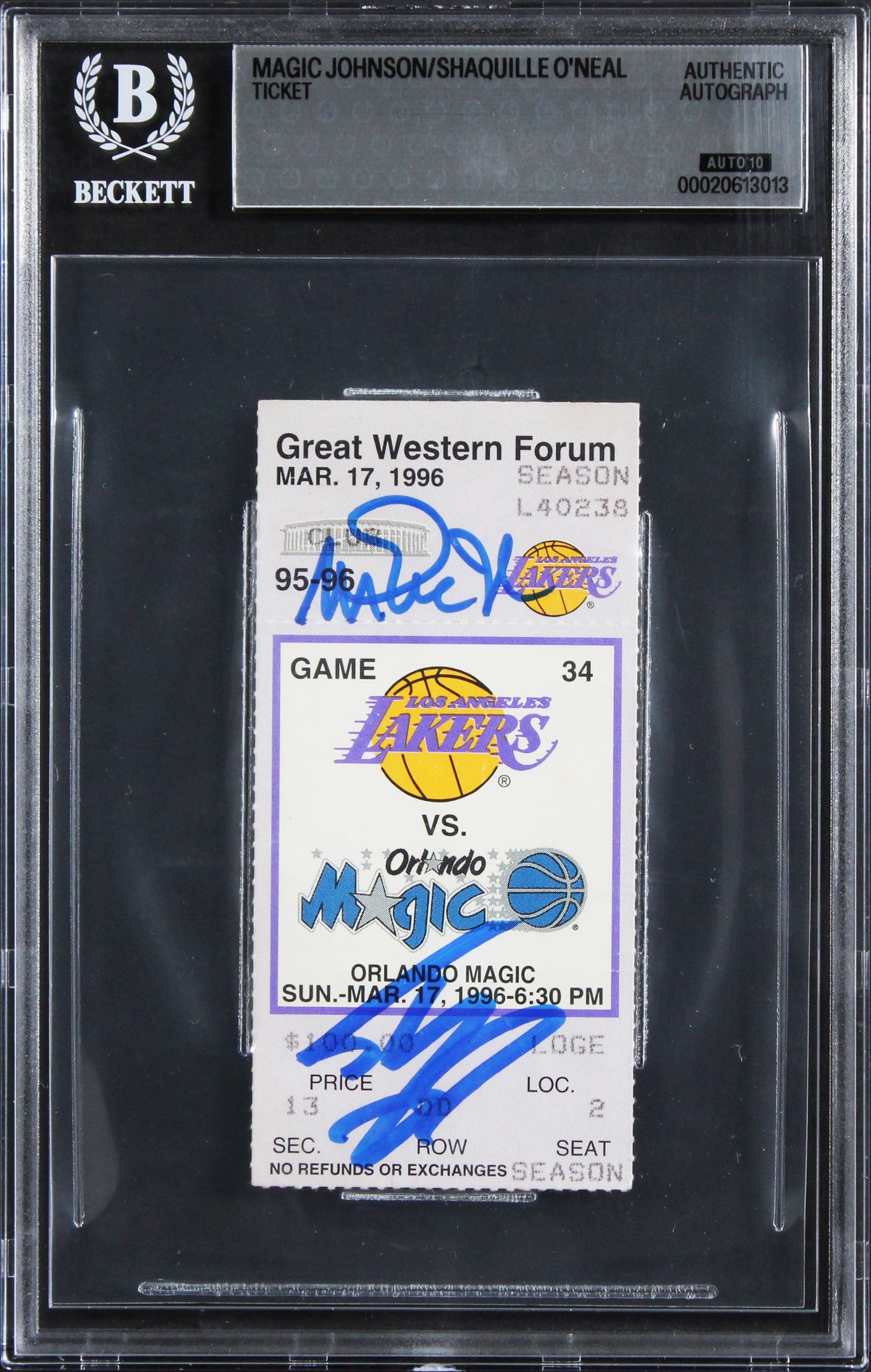 Magic Johnson & Shaquille O'Neal Signed 1996 Ticket Stub Card Auto 10! BAS Slab