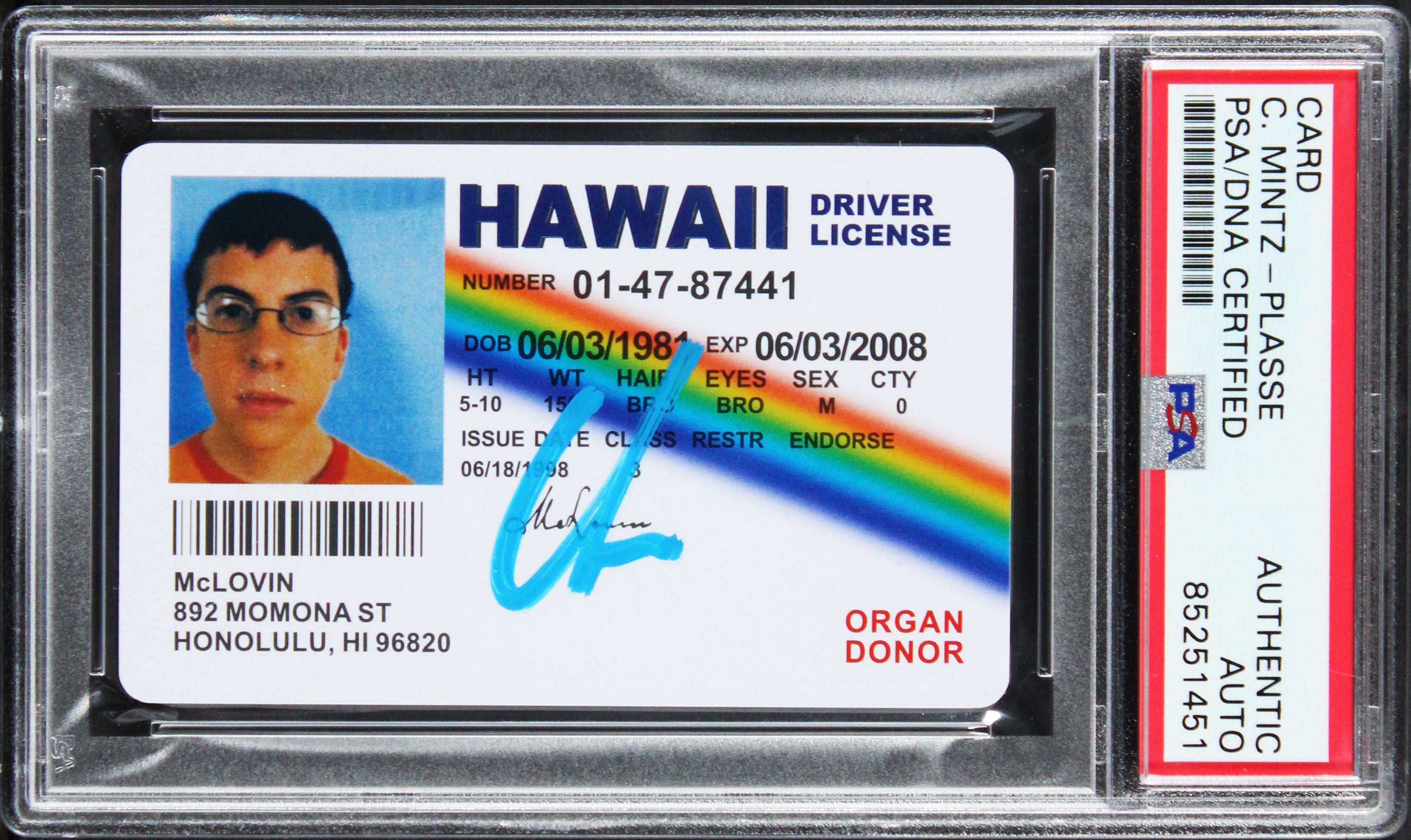 Christopher Mintz-Plasse Superbad Signed McLovin Replica Driver License PSA Slab